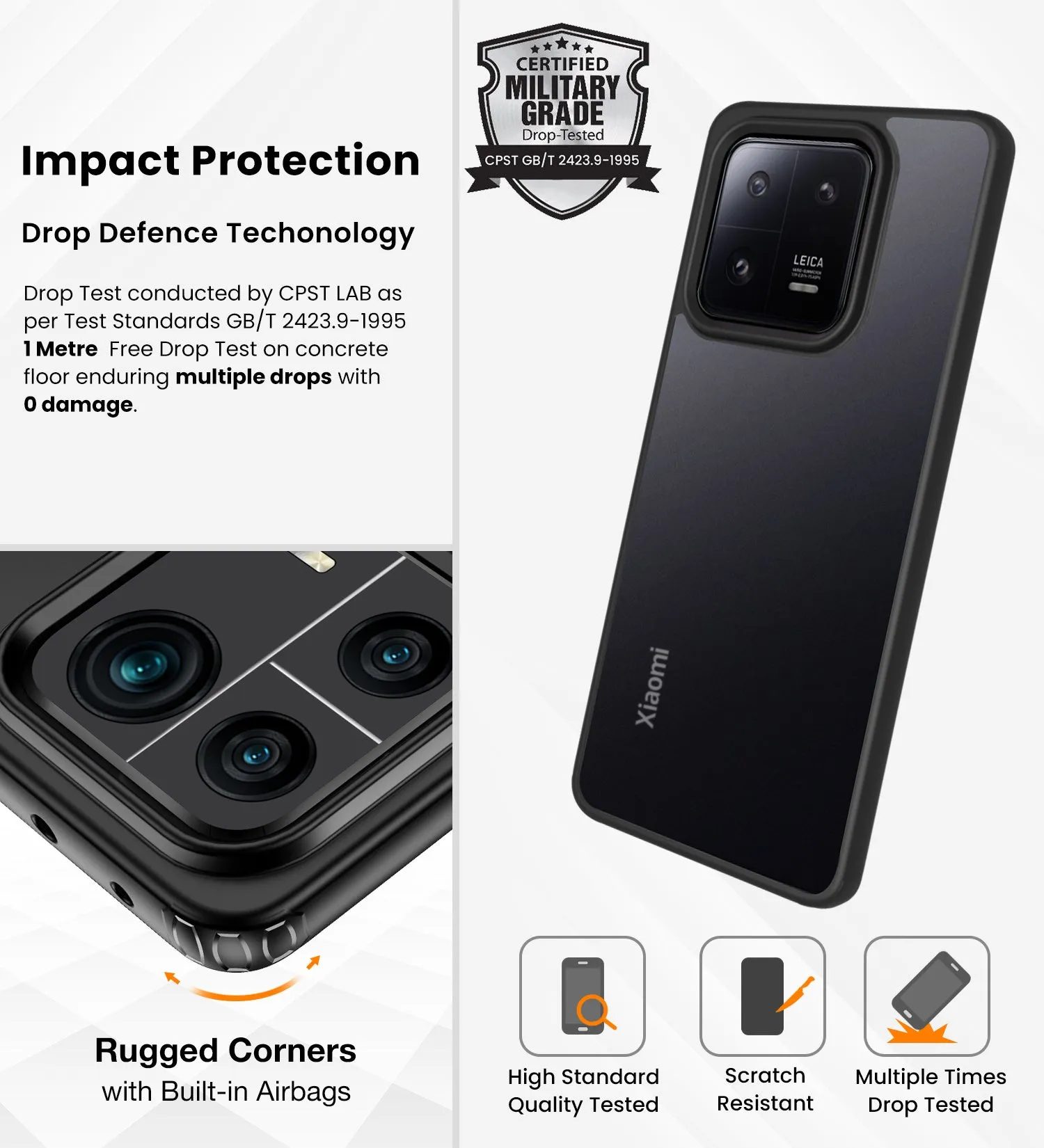 Rugged Frosted Semi Transparent PC Shock Proof Slim Back Cover for Xiaomi 13 Pro 5G, 6.73 inch, Black