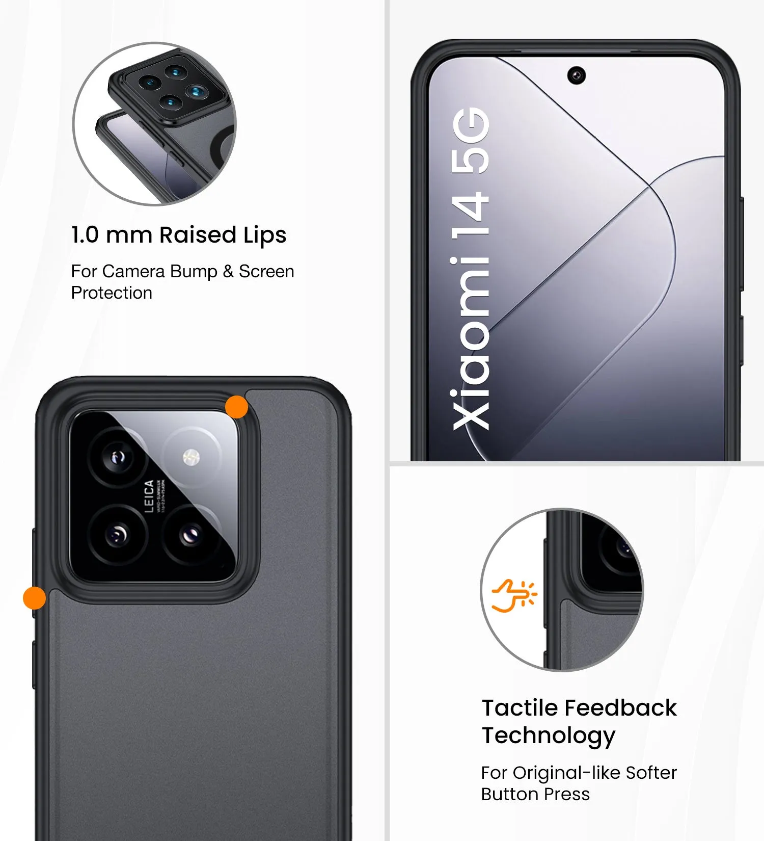 Rugged Frosted Semi Transparent PC Shock Proof Slim Back Cover for Xiaomi 14 5G, 6.36 inch, Black