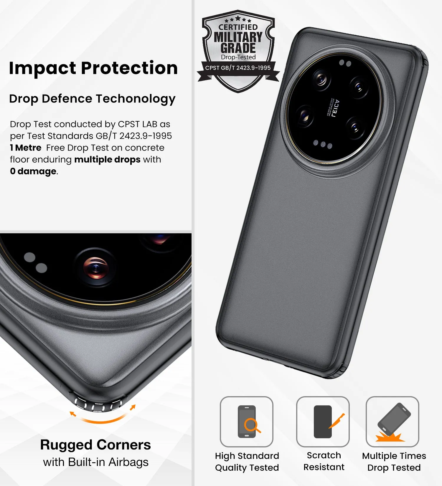 Rugged Frosted Semi Transparent PC Shock Proof Slim Back Cover for Xiaomi 14 Ultra 5G, 6.73 inch, Black