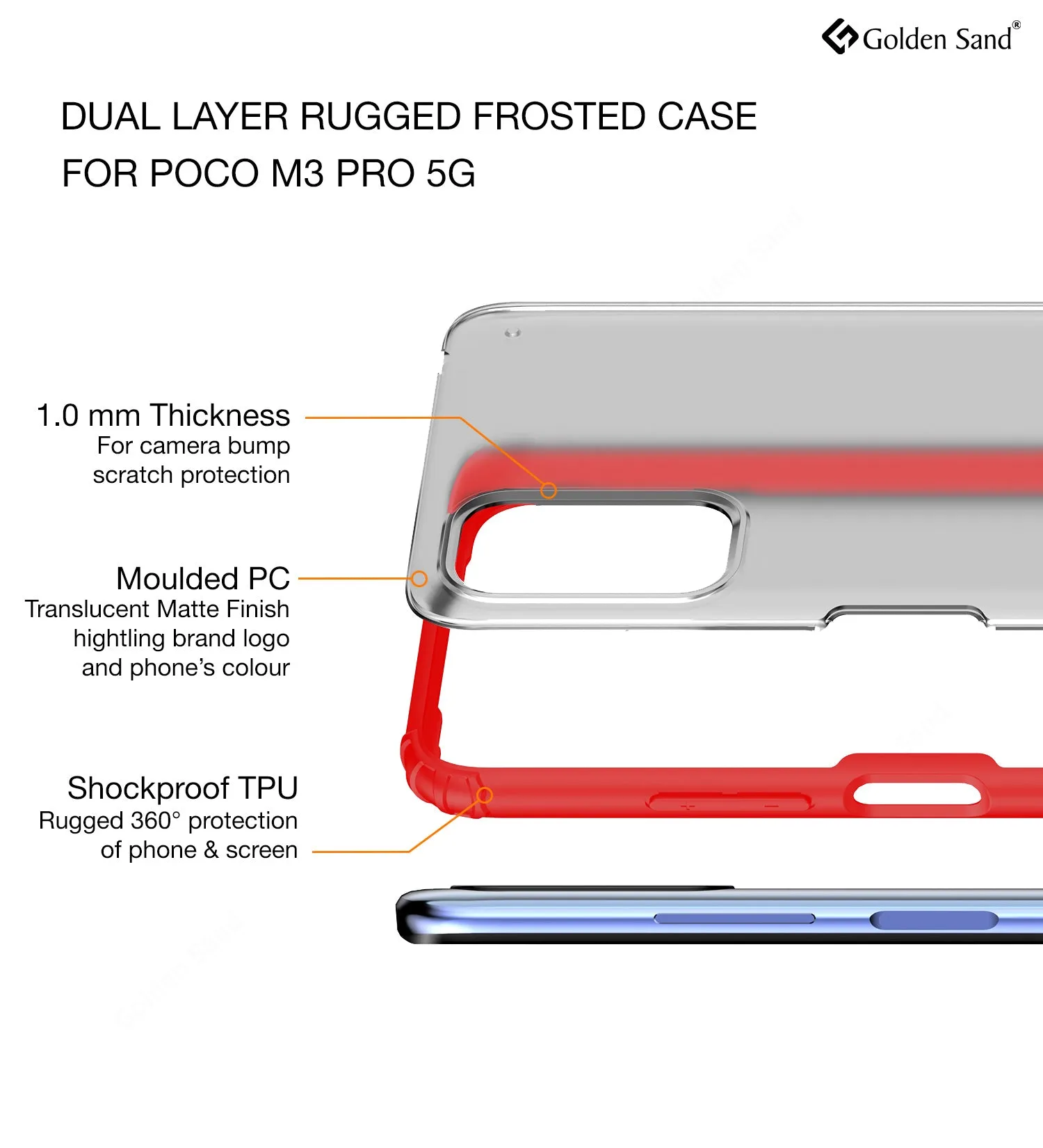 Rugged Frosted Semi Transparent PC Shock Proof Slim Back Cover for Xiaomi Redmi Note 10T 5G, Poco M3 Pro 5G, 6.5 inch, Red