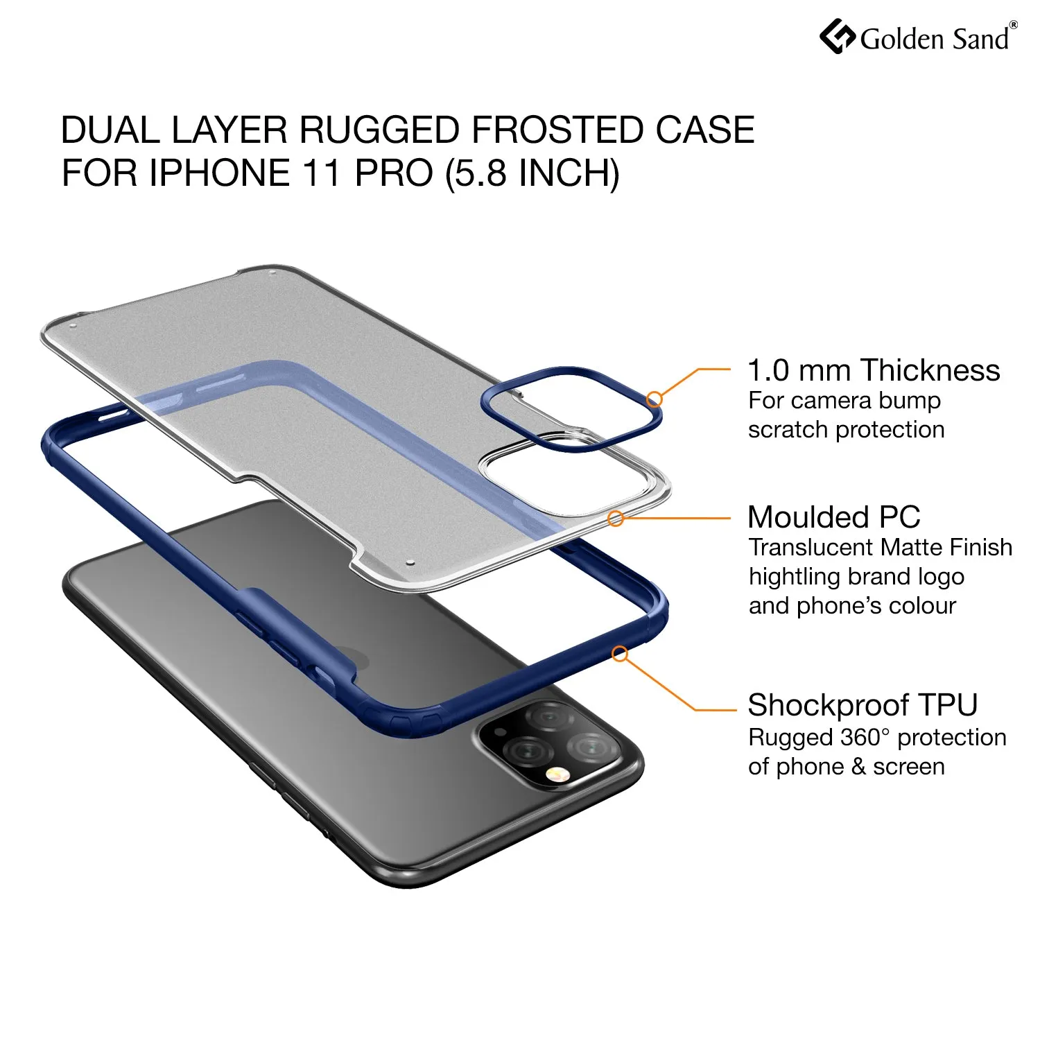 Rugged Frosted Series Hybrid Translucent Back Cover for Apple iPhone 11 Pro 5.8 inch, Blue