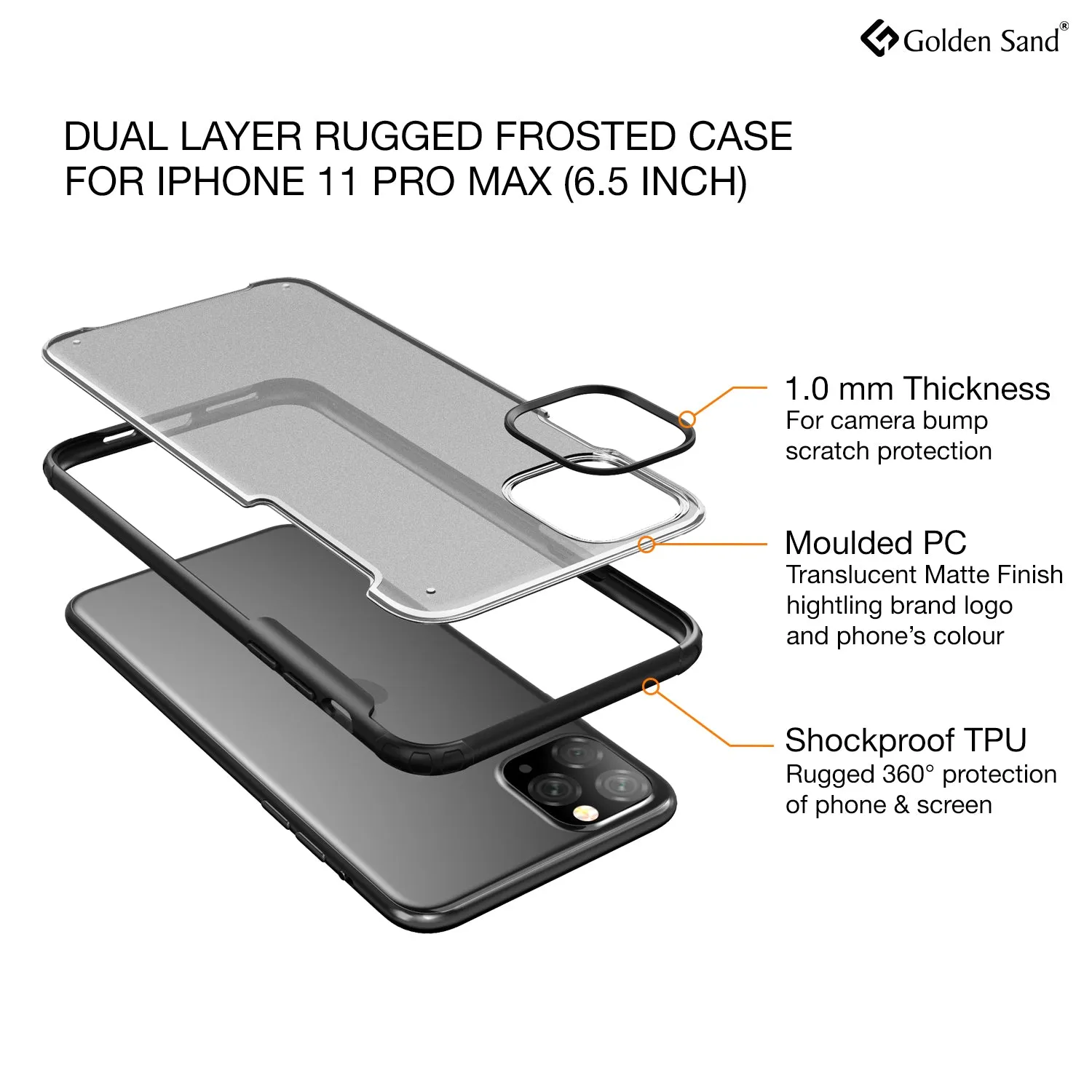 Rugged Frosted Series Hybrid Translucent Back Cover for Apple iPhone 11 Pro Max 6.5 inch, Black