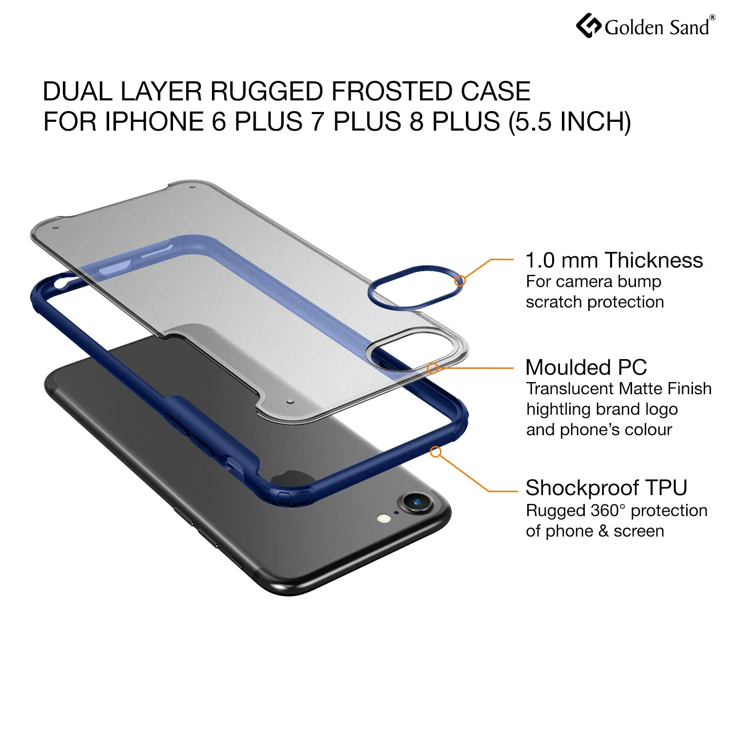 Rugged Frosted Series Hybrid Translucent Back Cover for Apple iPhone 6 Plus, 7 Plus, 8 Plus 5.5 inch, Blue