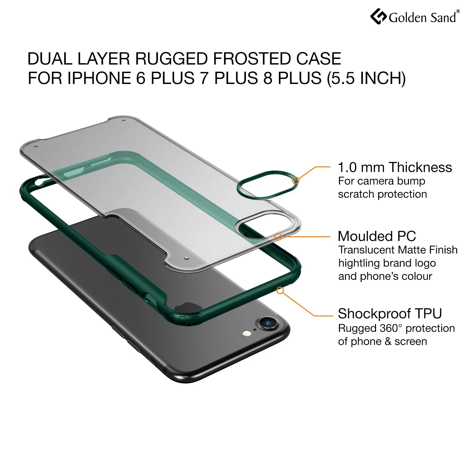 Rugged Frosted Series Hybrid Translucent Back Cover for Apple iPhone 6 Plus, 7 Plus, 8 Plus 5.5 inch, Green