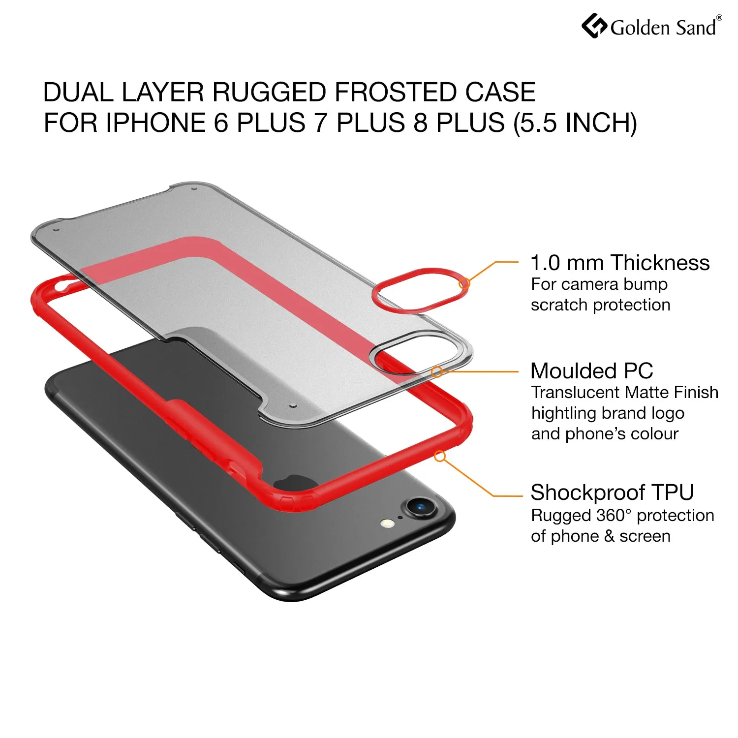 Rugged Frosted Series Hybrid Translucent Back Cover for Apple iPhone 6 Plus, 7 Plus, 8 Plus 5.5 inch, Red