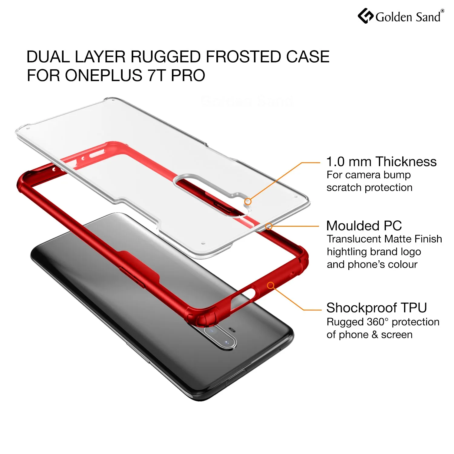 Rugged Frosted Series Hybrid Translucent Back Cover for One Plus 7T Pro, OnePlus 7 Pro, 6.7 inch, Red