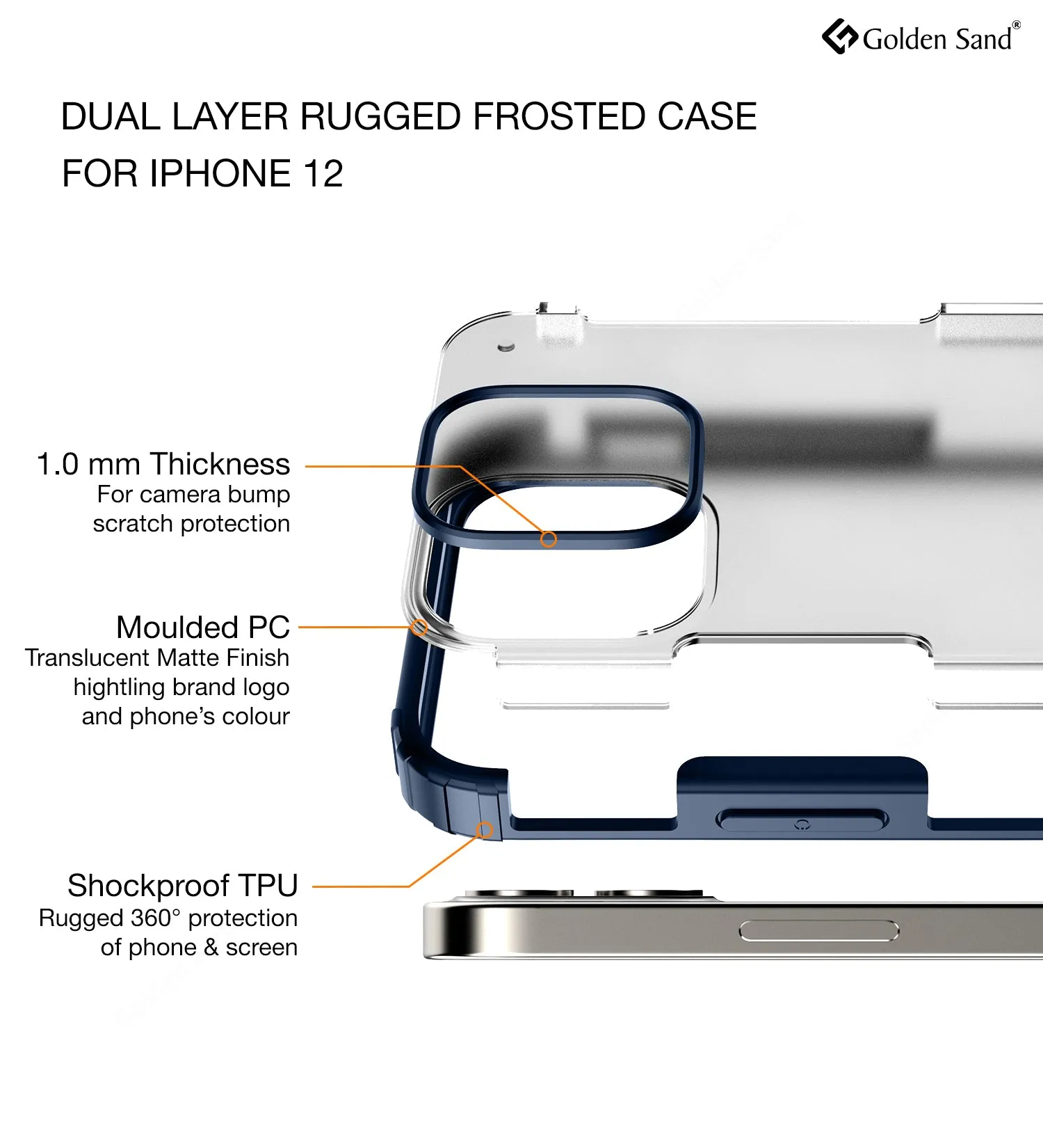 Rugged Frosted Series Semi Transparent PC Shock Proof Slim Back Cover for Apple iPhone 12, Blue