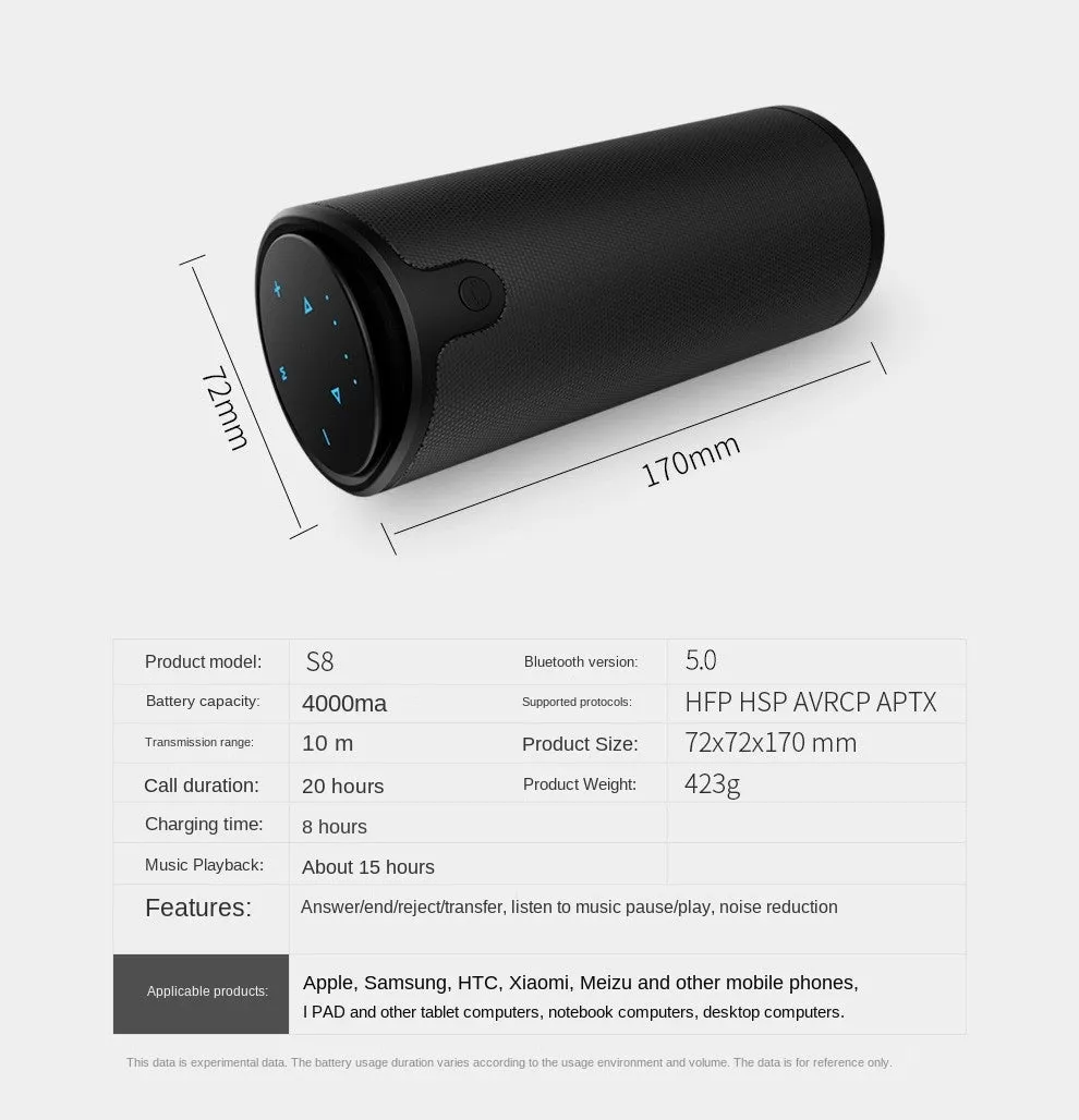 S8 Wireless Bluetooth Subwoofer Touch Control Sound Box AUX TF Card Handsfree Mic