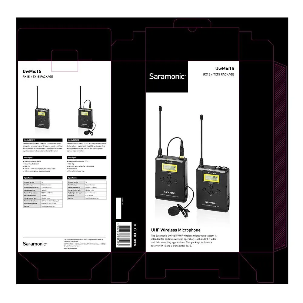 SARAMONIC UWMIC15 16-CHANNEL UHF WIRELESS LAVALIER MICROPHONE SYSTEM WITH PORTABLE CAMERA-MOUNTABLE WIRELESS RECEIVER