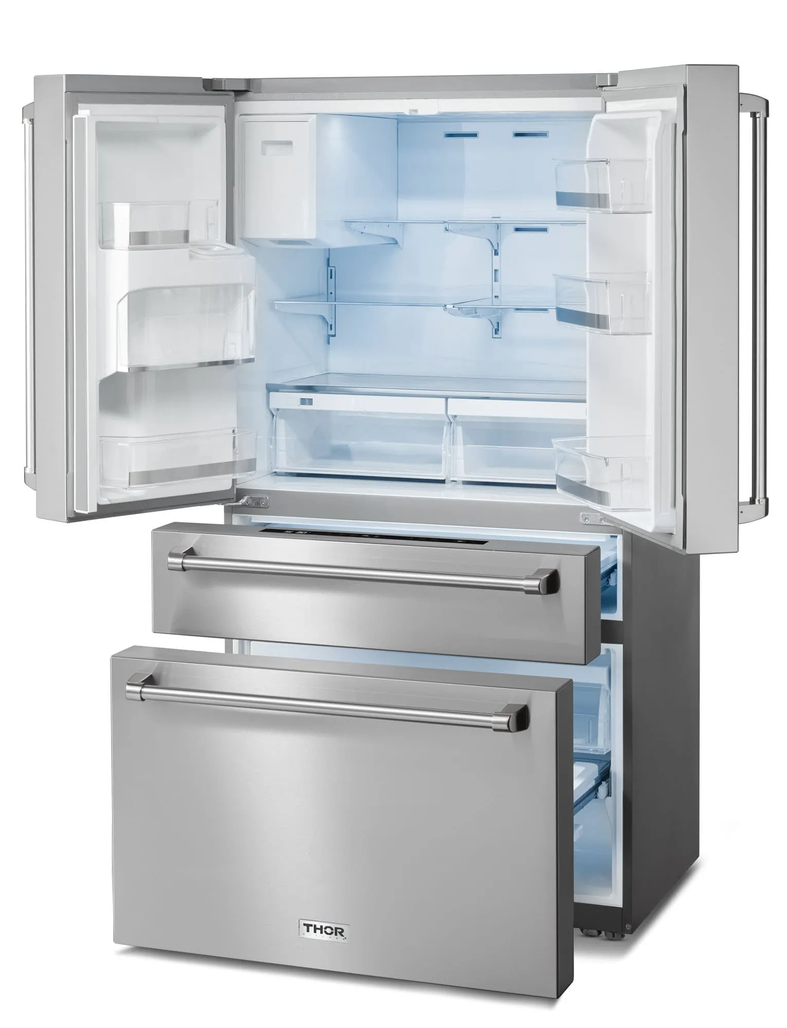 Thor Kitchen 5-Piece Pro Appliance Package - 36-Inch Rangetop, Electric Wall Oven, Wall Mount Hood, Dishwasher & Refrigerator with Water Dispenser in Stainless Steel