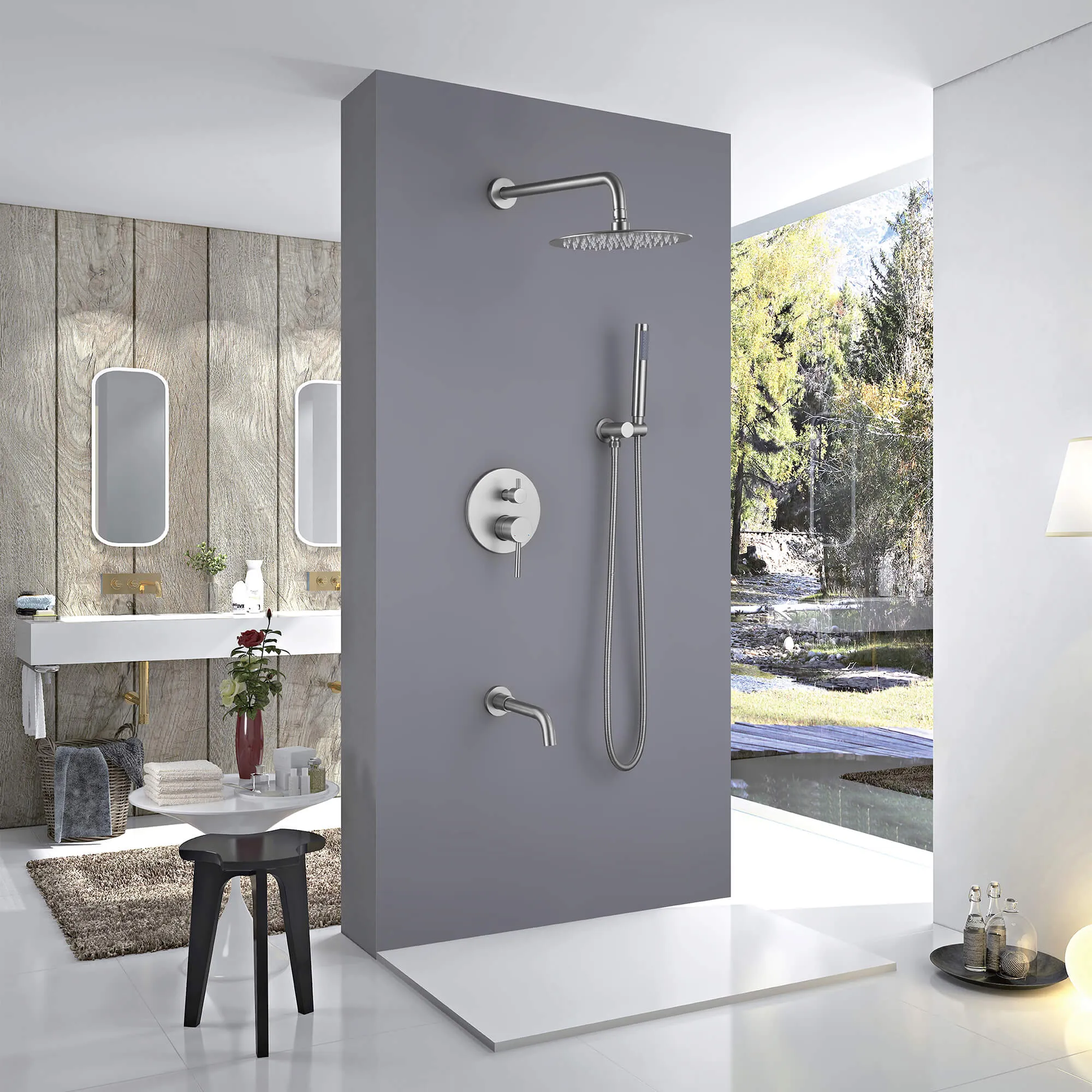 Tub Shower Faucet Set Complete Rain Shower System with Tub Spout