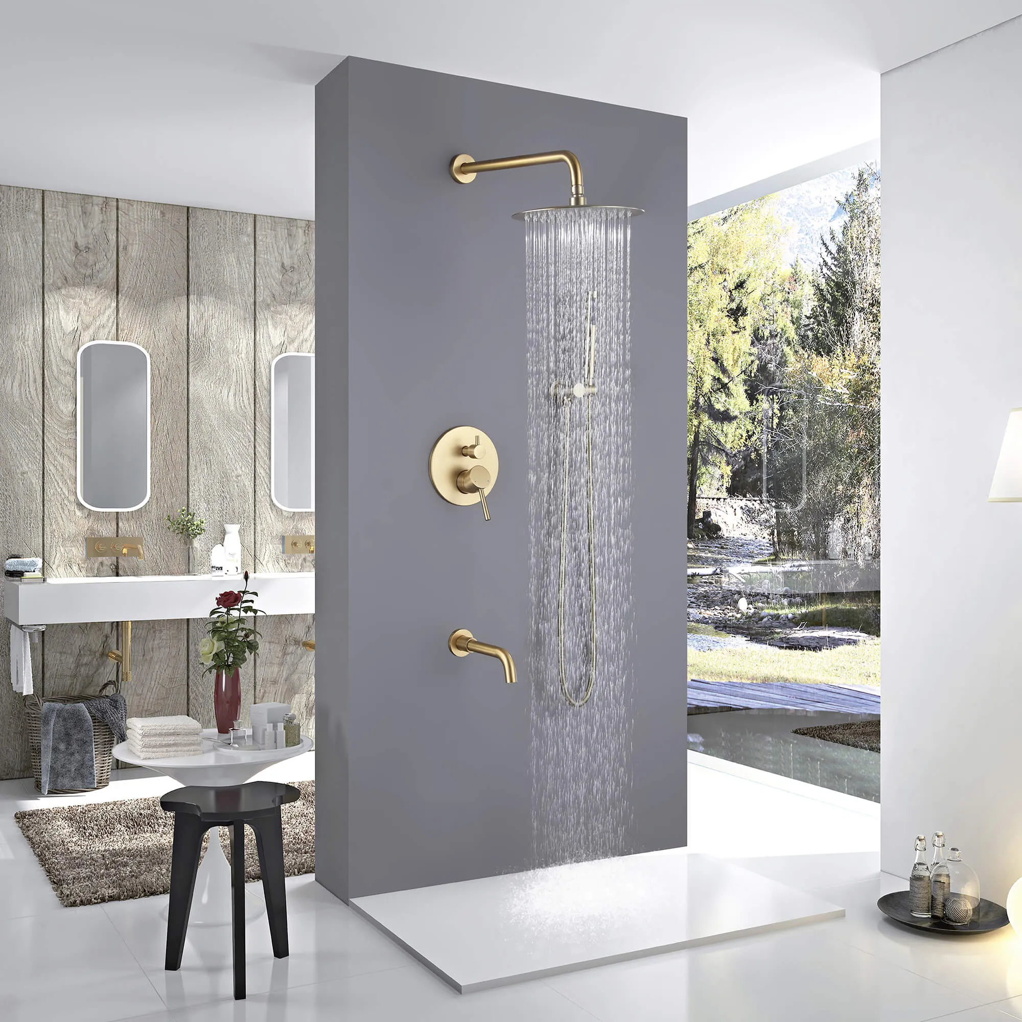 Tub Shower Faucet Set Complete Rain Shower System with Tub Spout