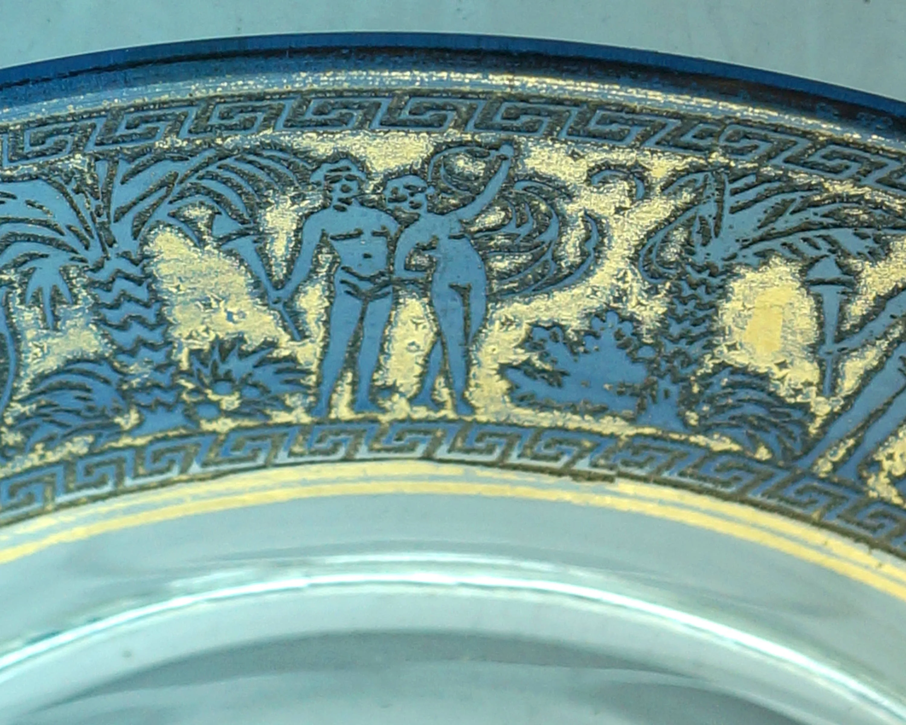 Vintage 1920s Oroplastic Etched Glass Mayonnaise Bowl Greek Nude Figures Moser Walther