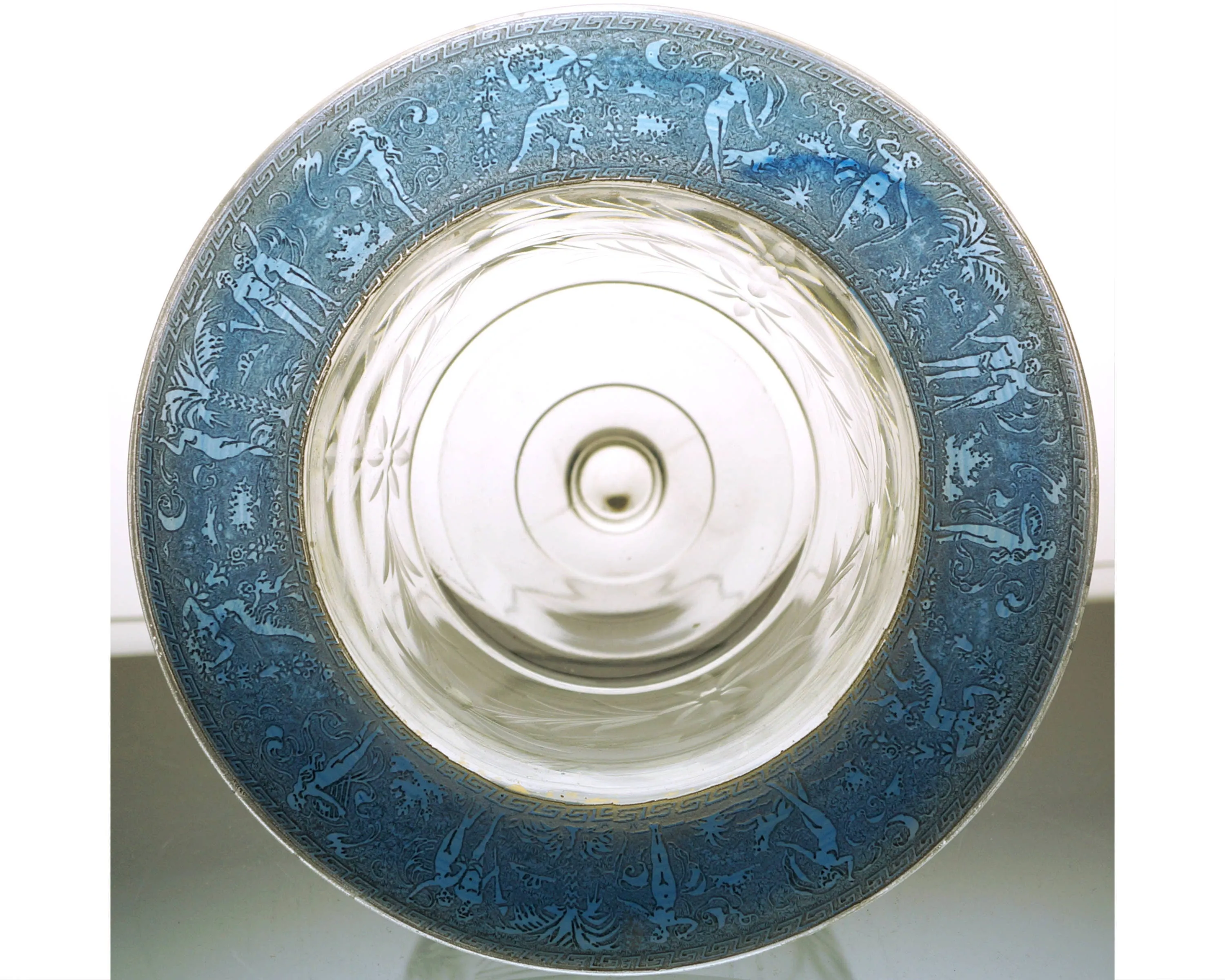 Vintage 1920s Oroplastic Etched Glass Mayonnaise Bowl Greek Nude Figures Moser Walther