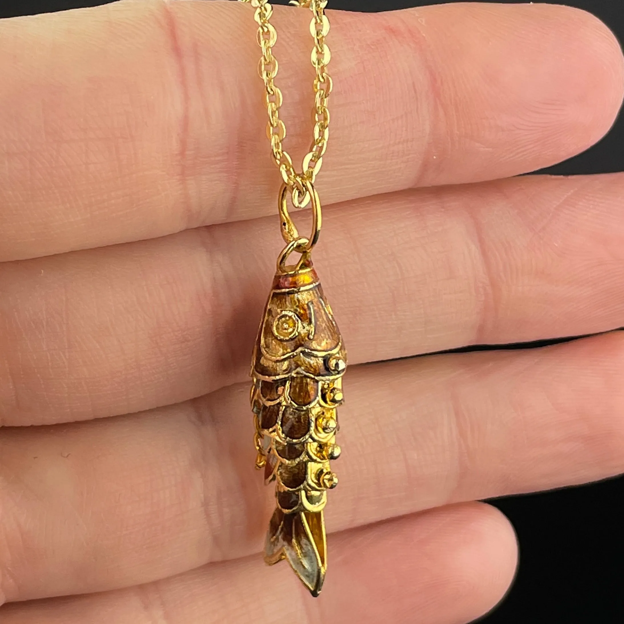 Vintage Gold Vermeil Enamel Koi Articulated Fish Pendant Necklace