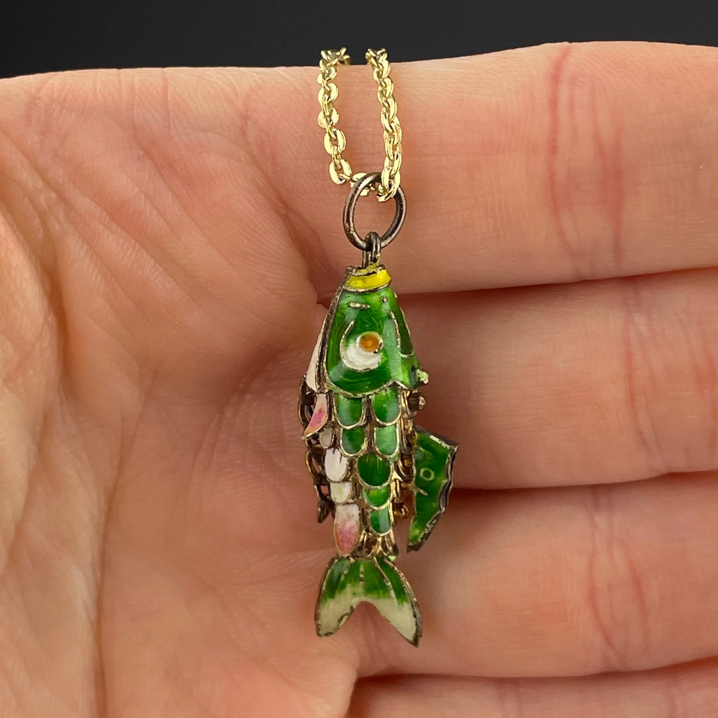 Vintage Gold Vermeil Green Enamel Articulated Koi Fish Pendant