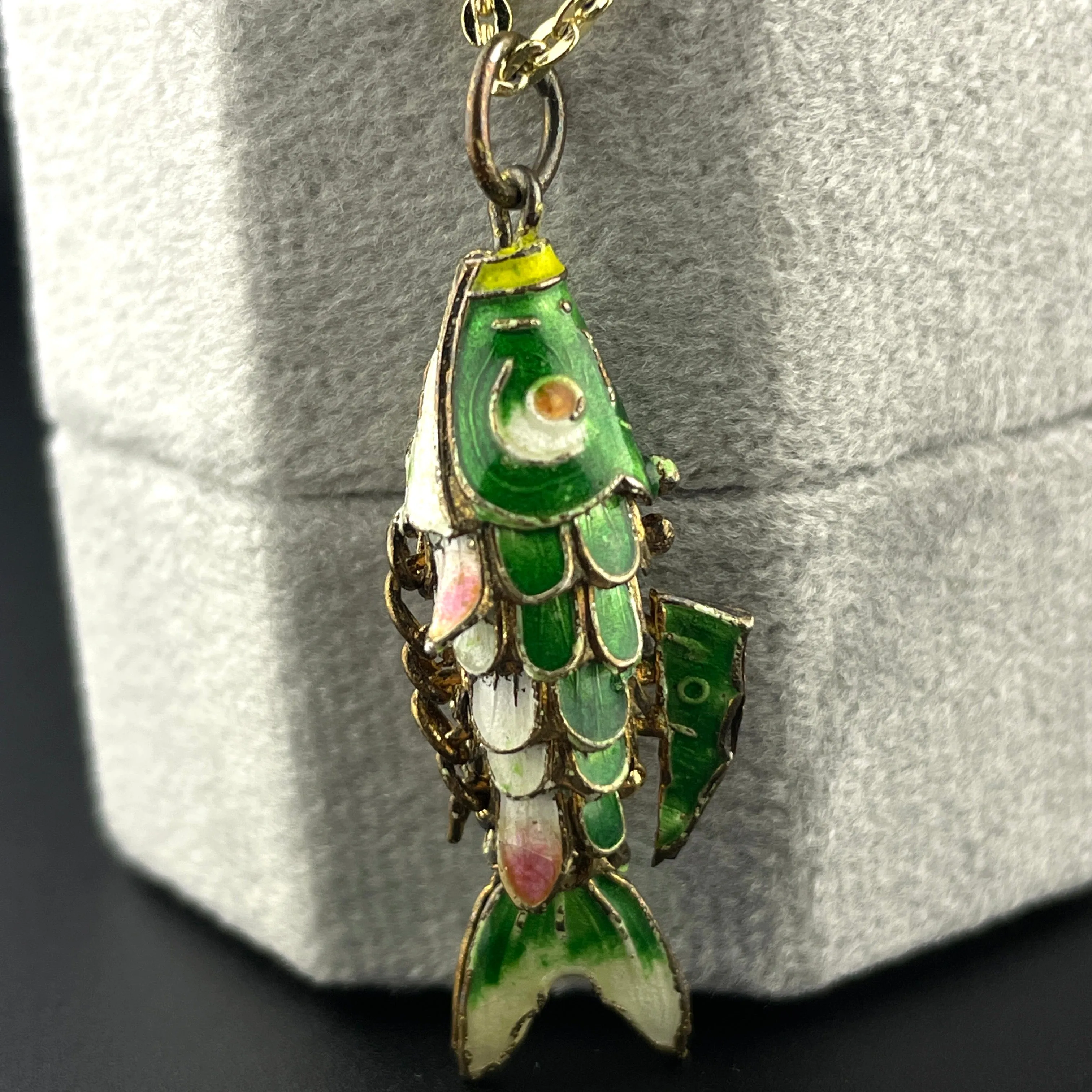 Vintage Gold Vermeil Green Enamel Articulated Koi Fish Pendant