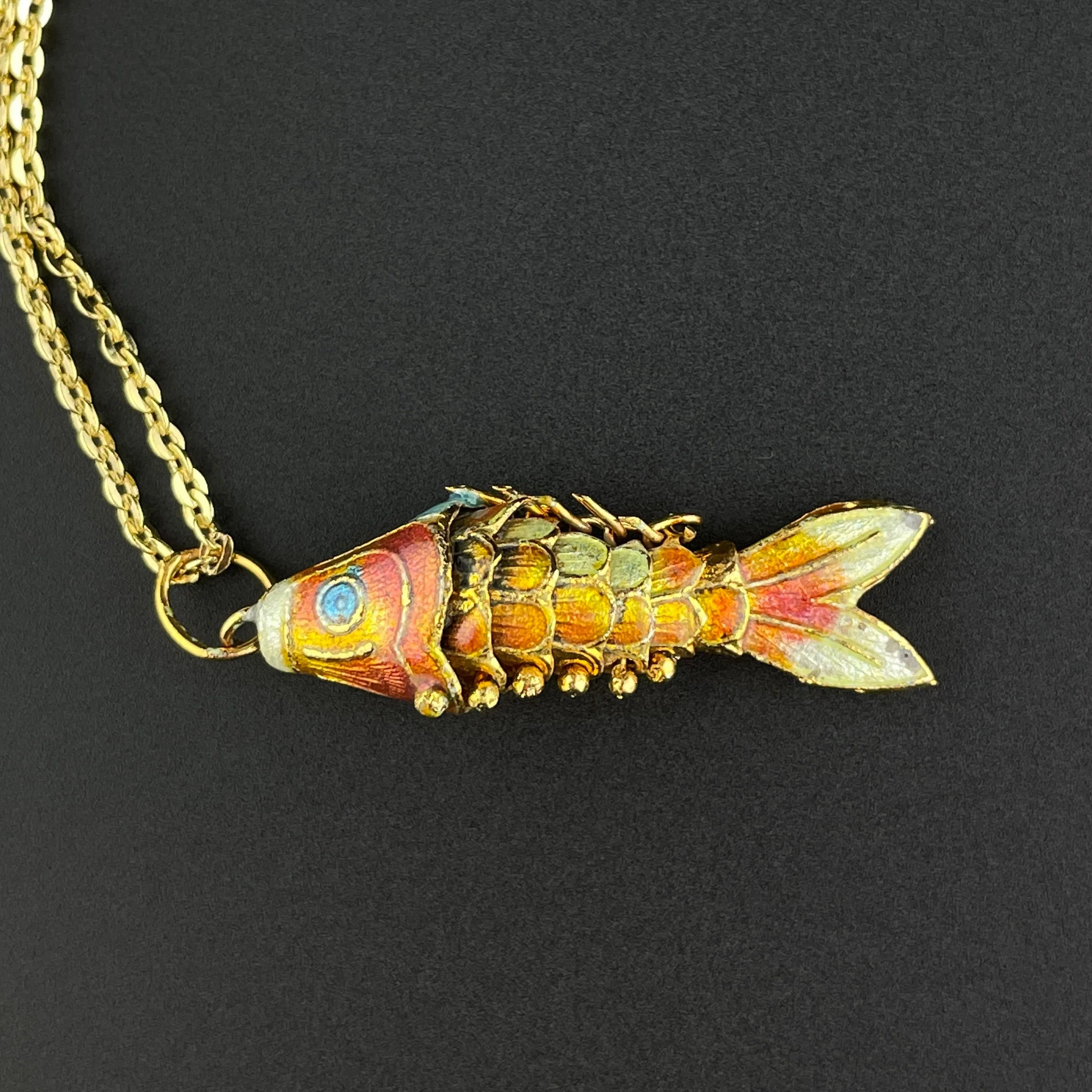 Vintage Gold Vermeil Orange Enamel Koi Fish Pendant Necklace