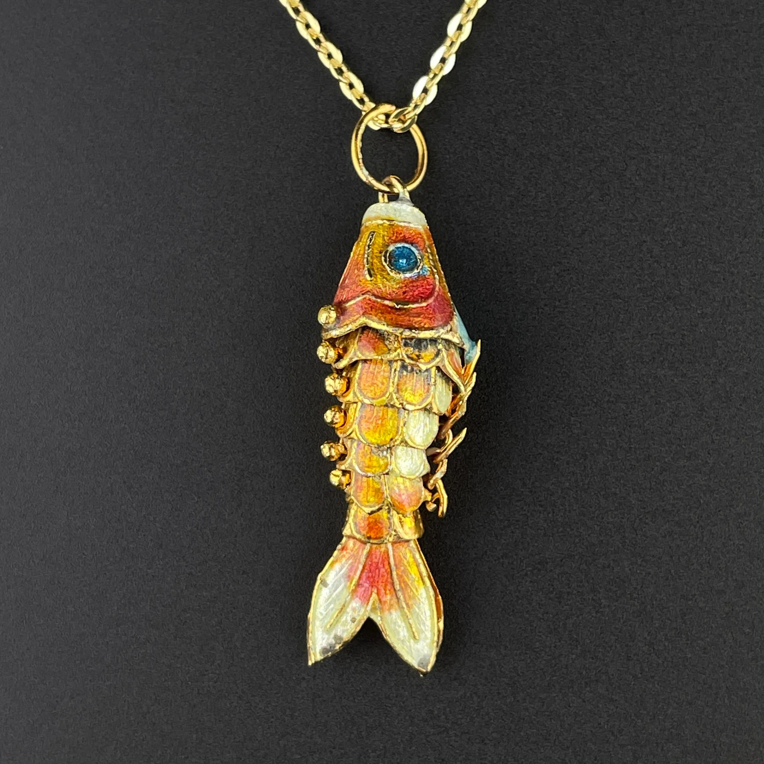 Vintage Gold Vermeil Orange Enamel Koi Fish Pendant Necklace