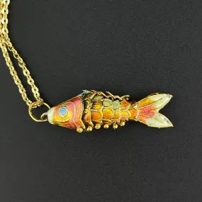 Vintage Gold Vermeil Orange Enamel Koi Fish Pendant Necklace