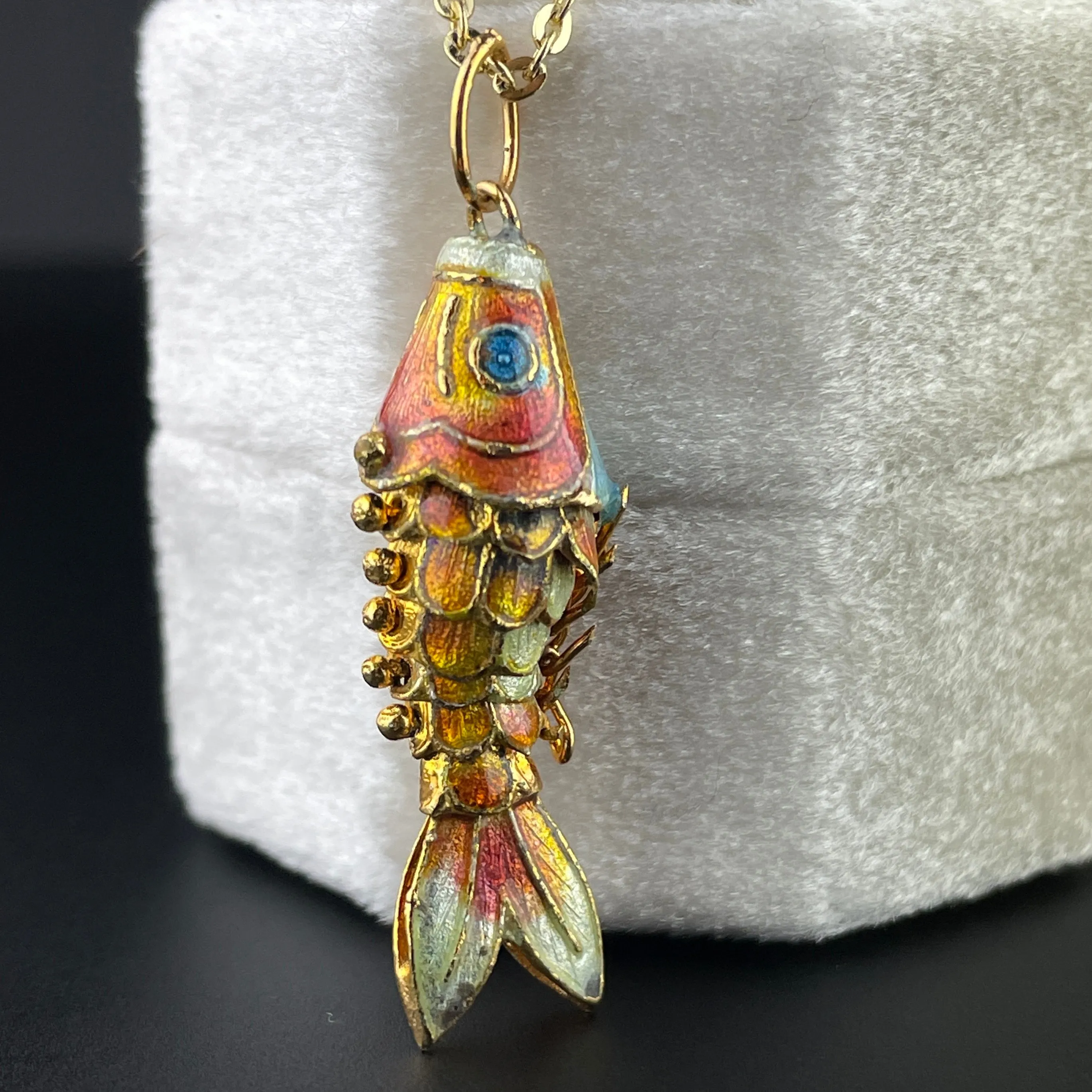Vintage Gold Vermeil Orange Enamel Koi Fish Pendant Necklace