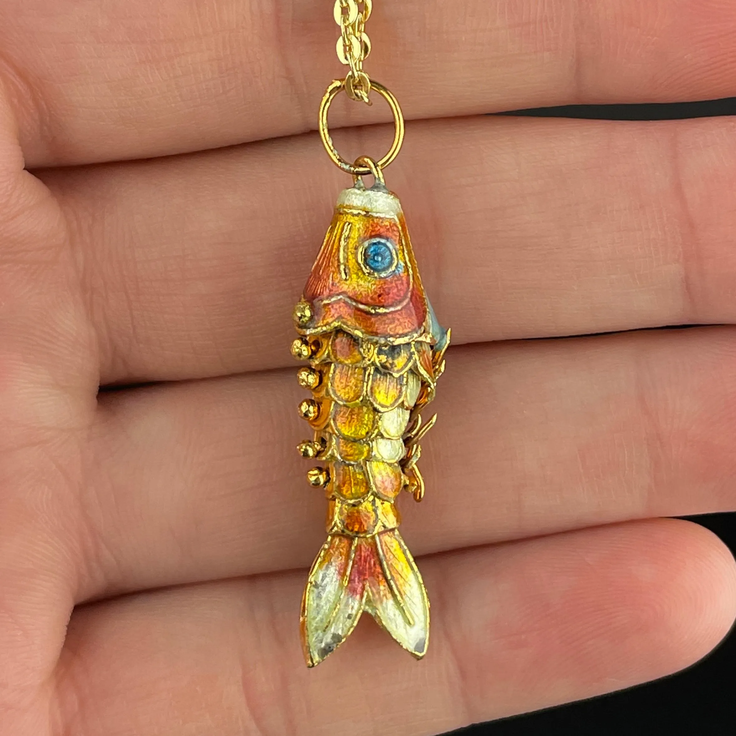 Vintage Gold Vermeil Orange Enamel Koi Fish Pendant Necklace