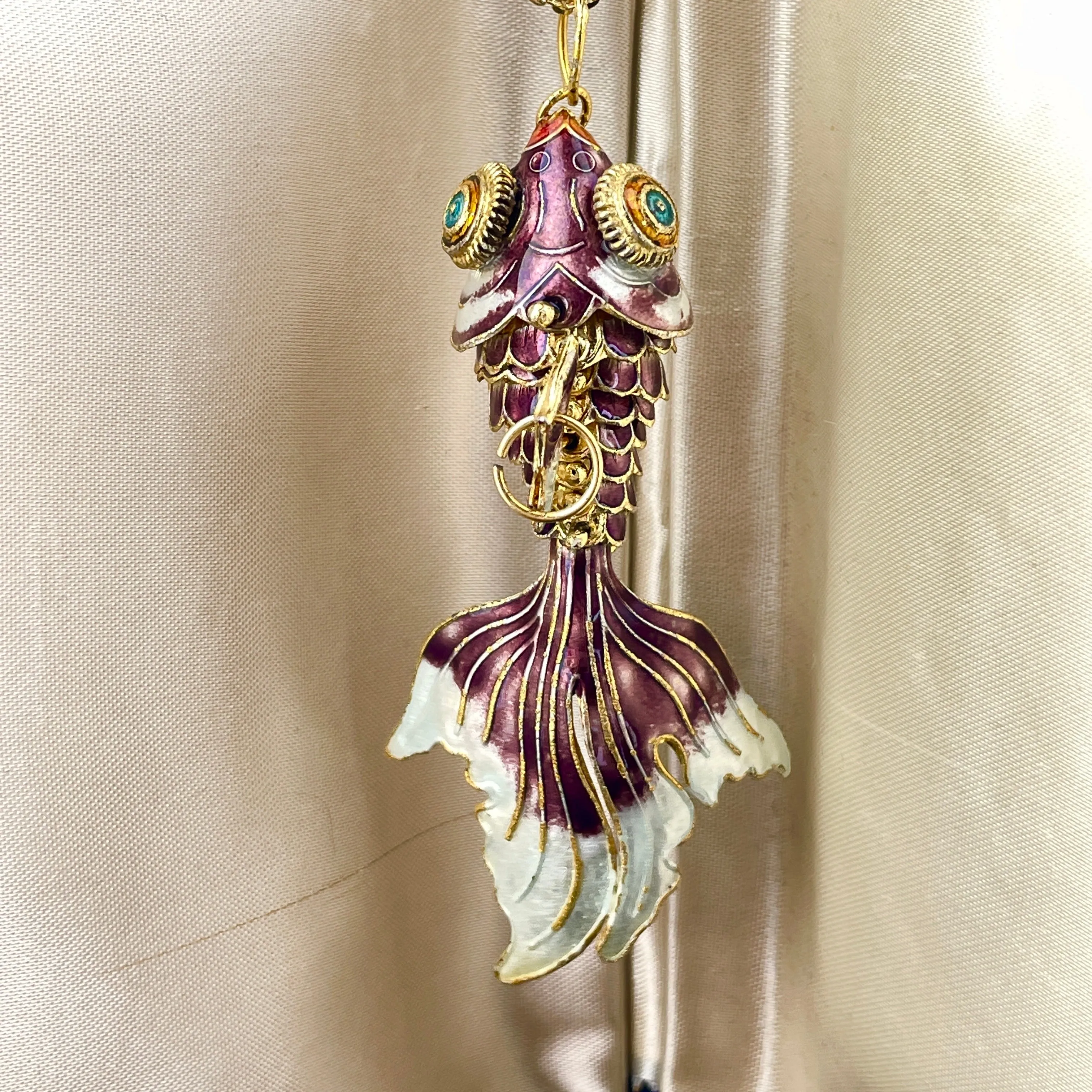 Vintage Gold Vermeil Purple Enamel Articulated Fish Charm Necklace