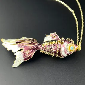 Vintage Gold Vermeil Purple Enamel Articulated Fish Charm Necklace