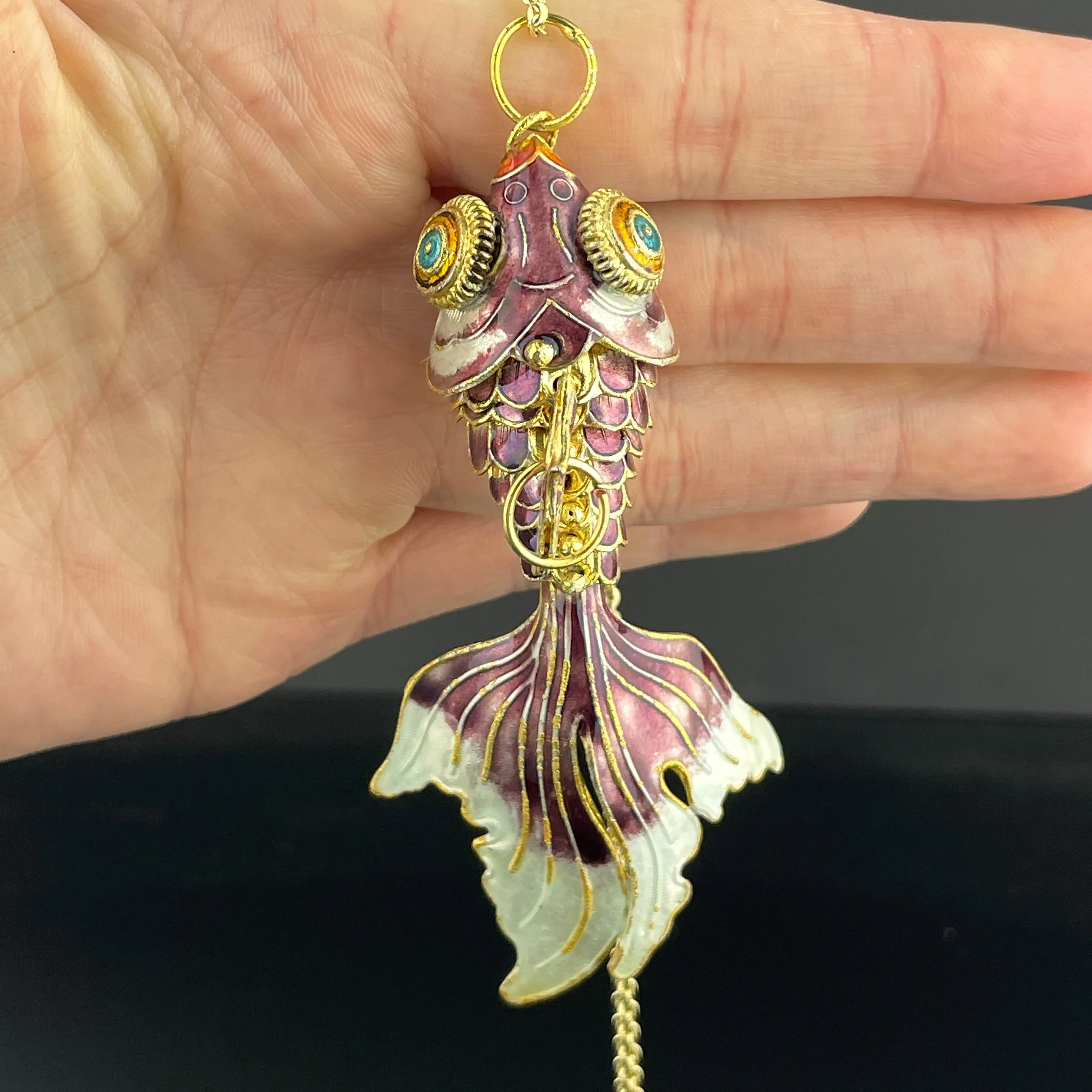Vintage Gold Vermeil Purple Enamel Articulated Fish Charm Necklace