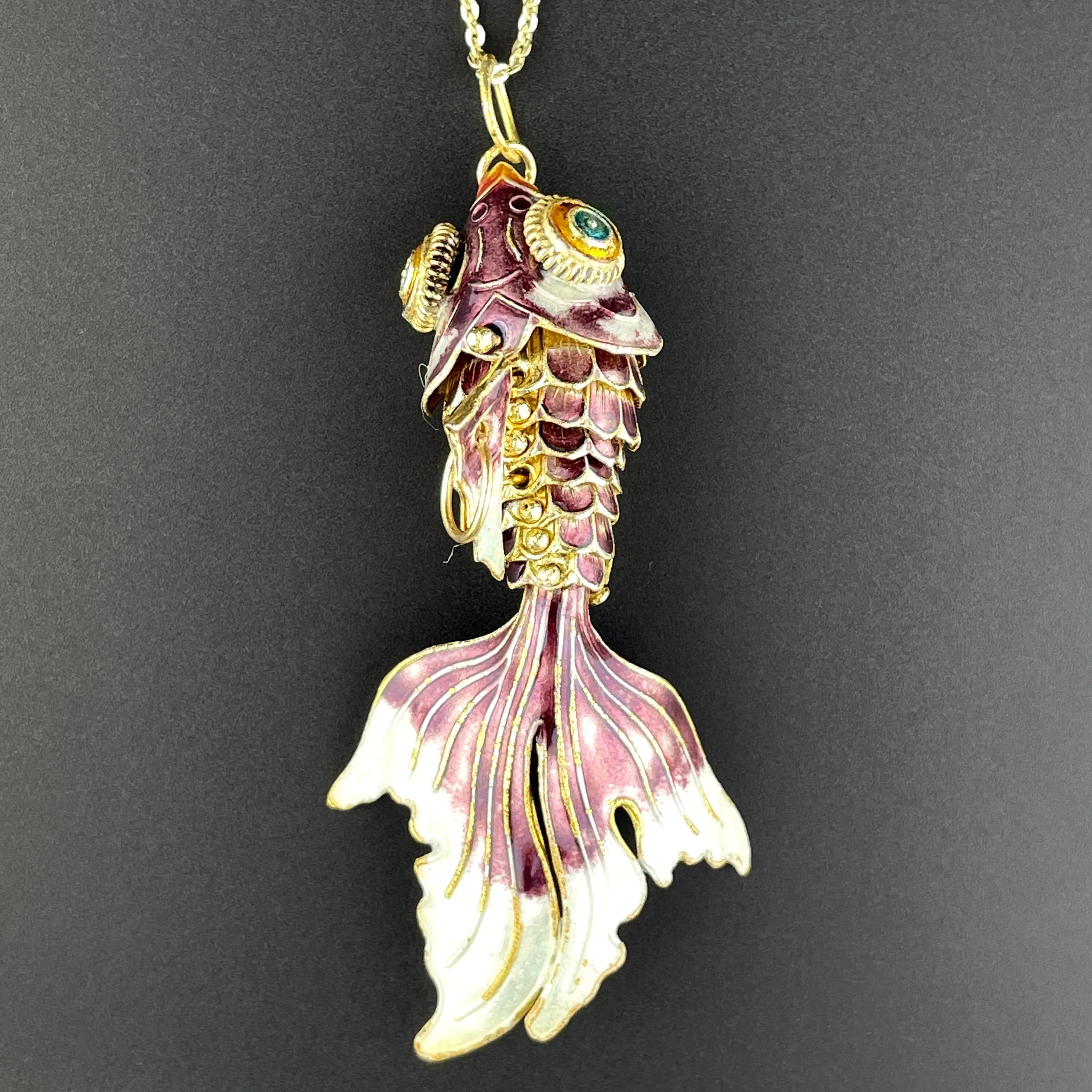 Vintage Gold Vermeil Purple Enamel Articulated Fish Charm Necklace