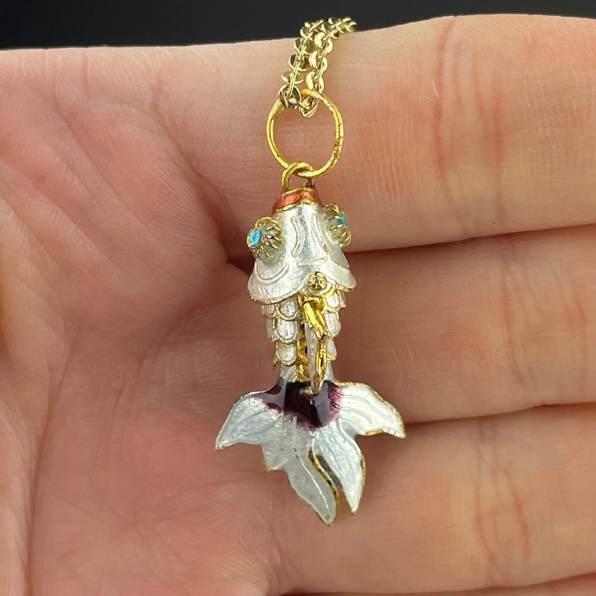 Vintage Gold Vermeil White Enamel Articulated Fish Charm Pendant Necklace