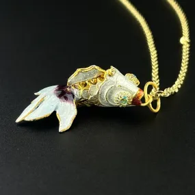 Vintage Gold Vermeil White Enamel Articulated Fish Charm Pendant Necklace