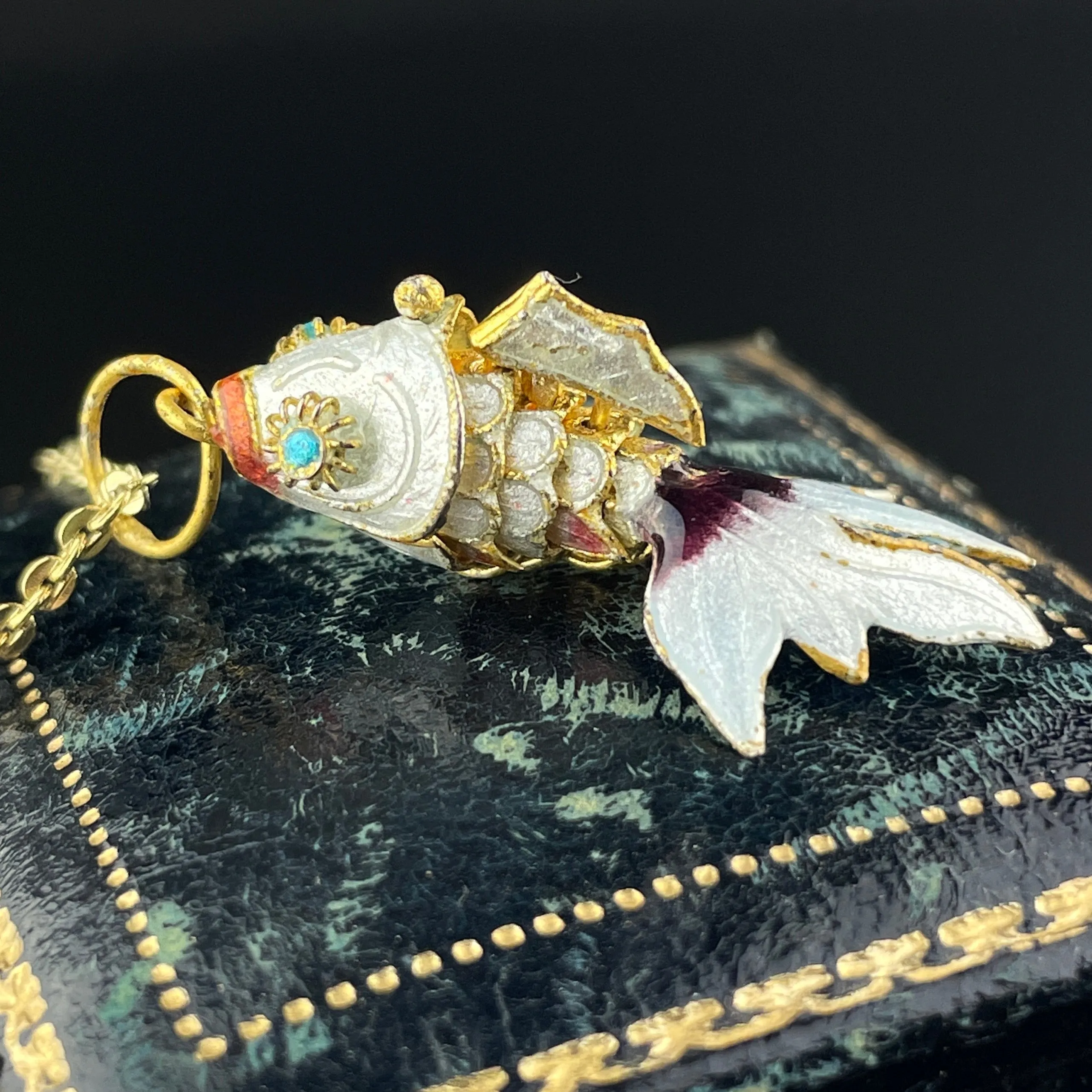 Vintage Gold Vermeil White Enamel Articulated Fish Charm Pendant Necklace