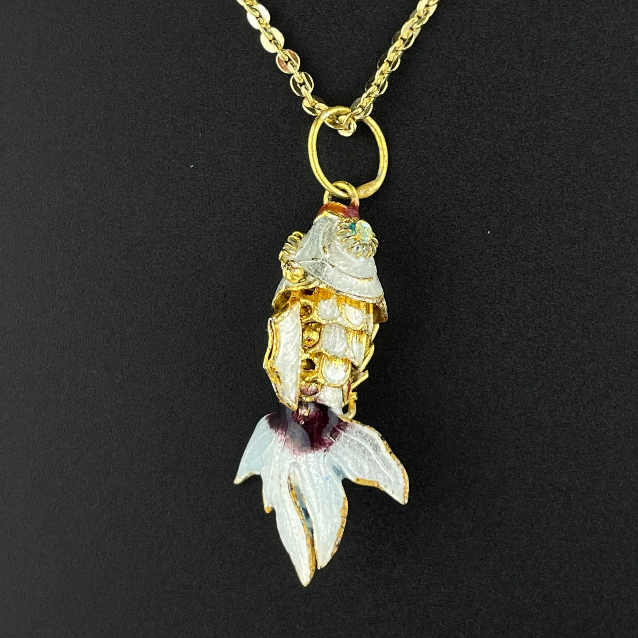 Vintage Gold Vermeil White Enamel Articulated Fish Charm Pendant Necklace