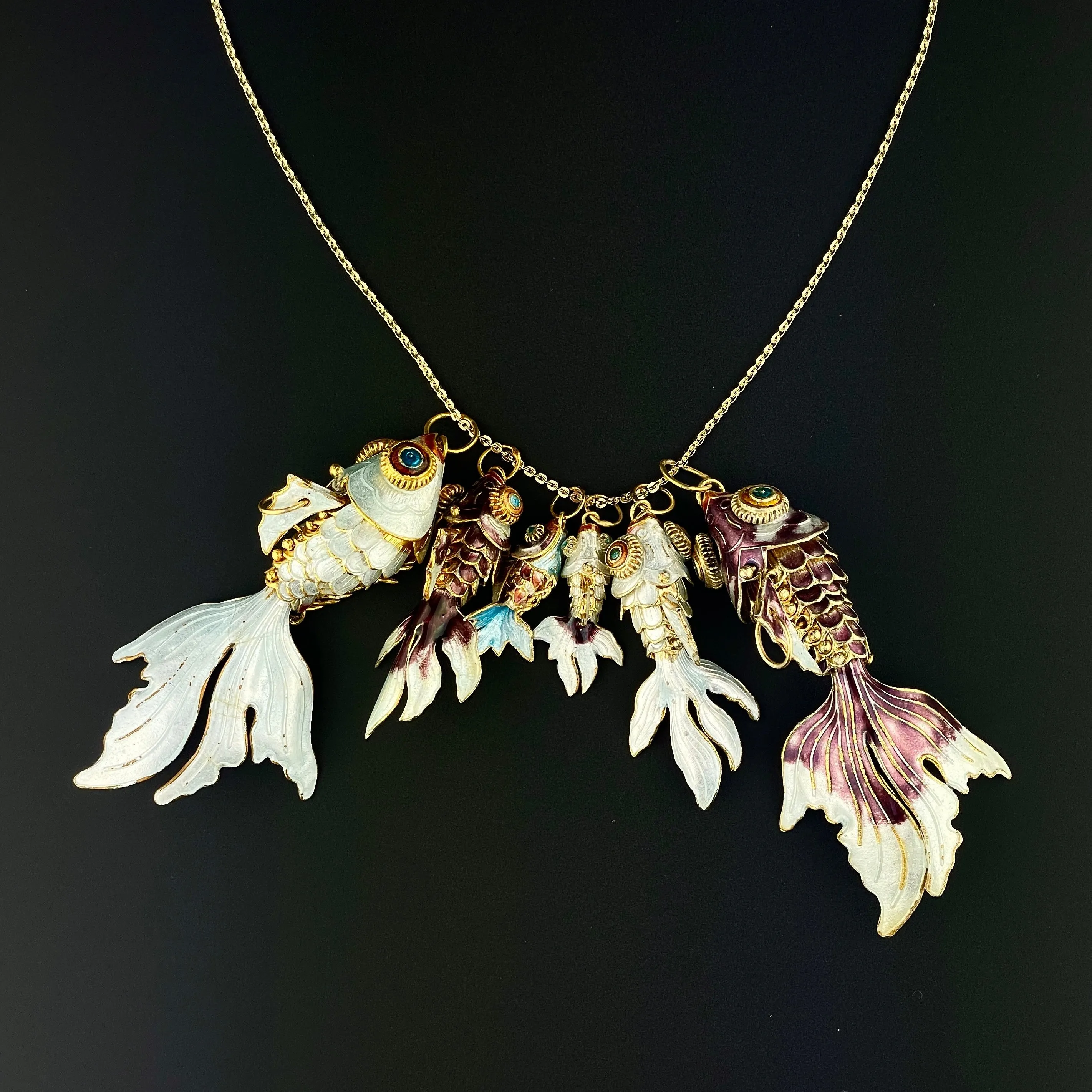 Vintage Gold Vermeil White Enamel Articulated Fish Charm Pendant Necklace