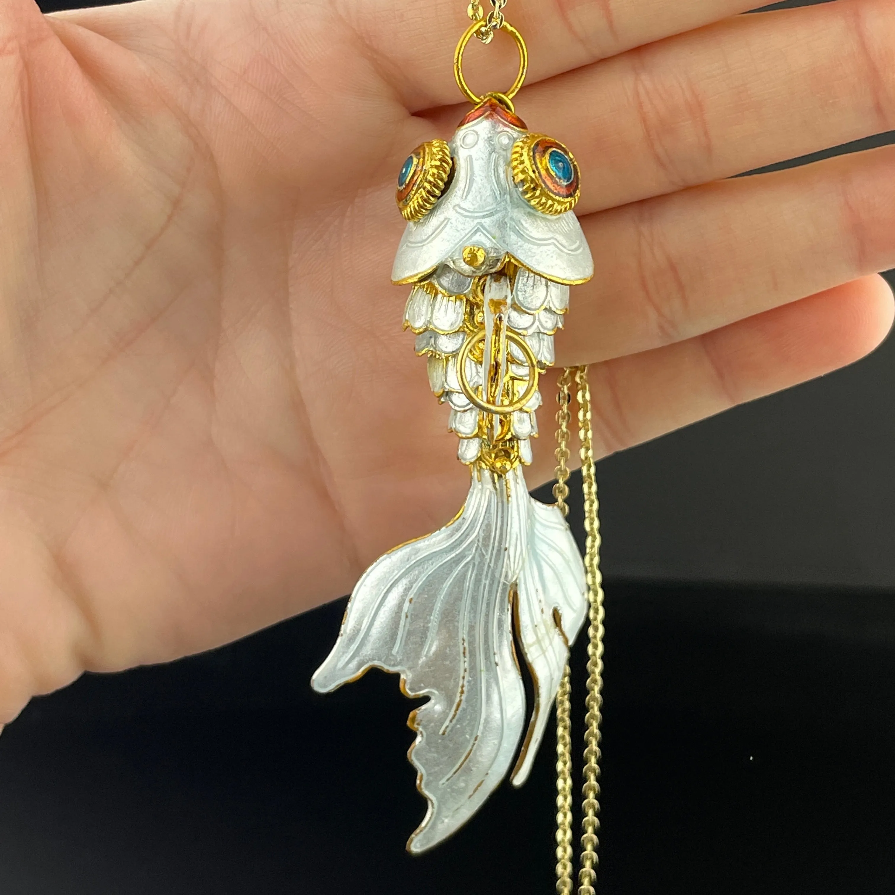 Vintage Gold Vermeil White Enamel Articulated Koi Fish