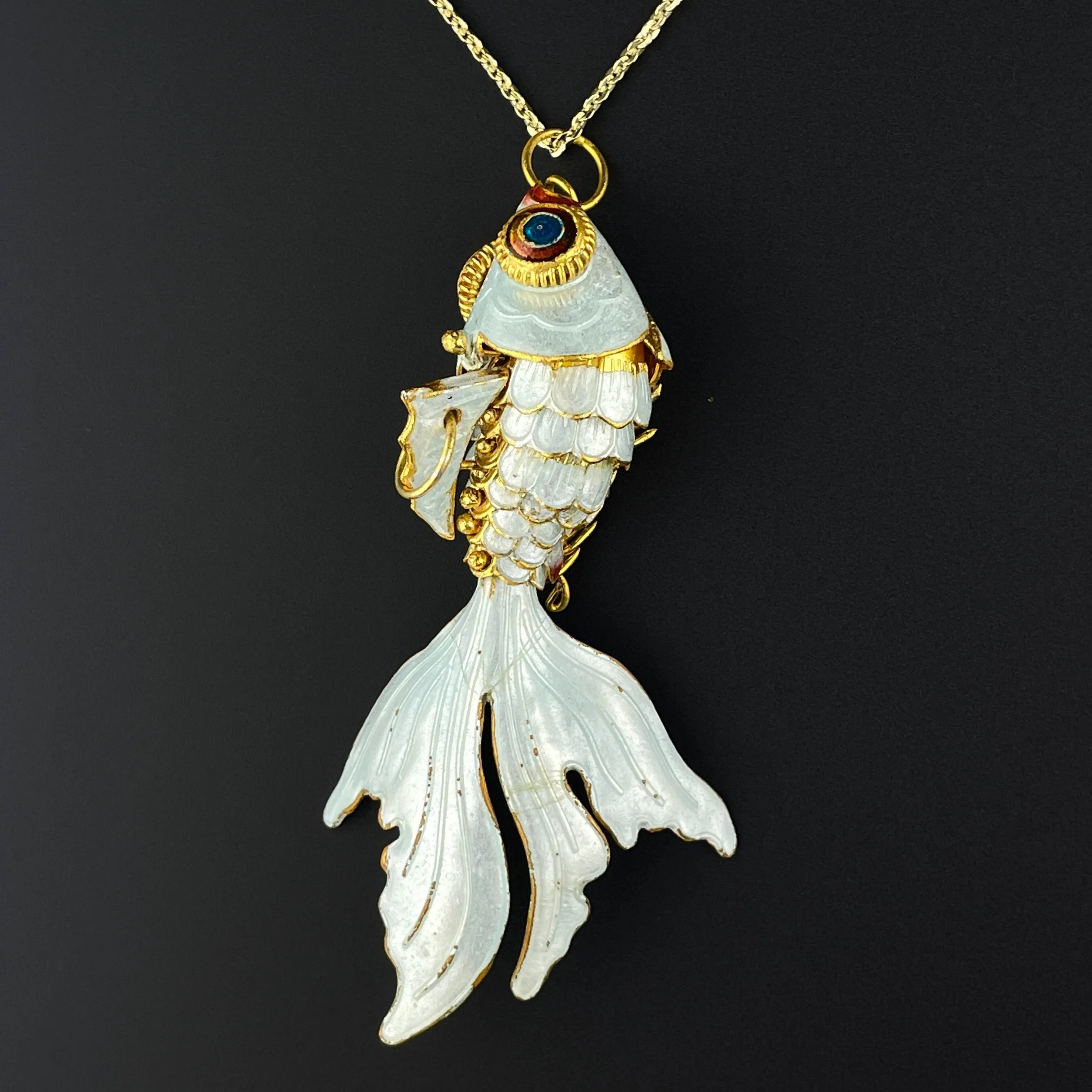 Vintage Gold Vermeil White Enamel Articulated Koi Fish