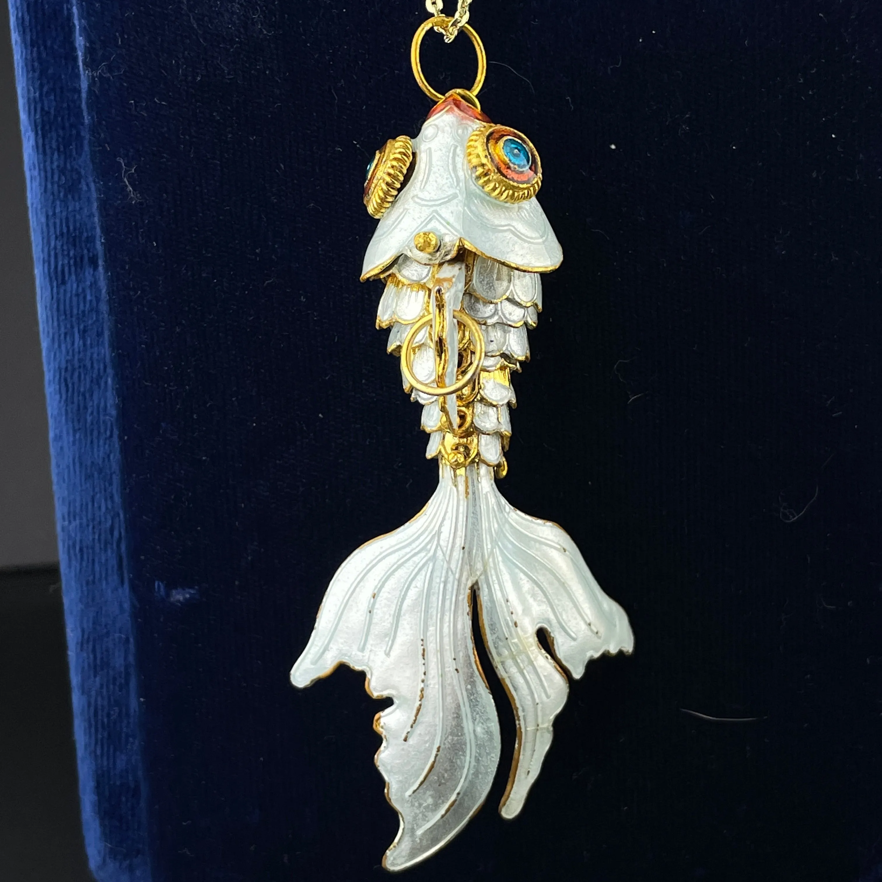 Vintage Gold Vermeil White Enamel Articulated Koi Fish
