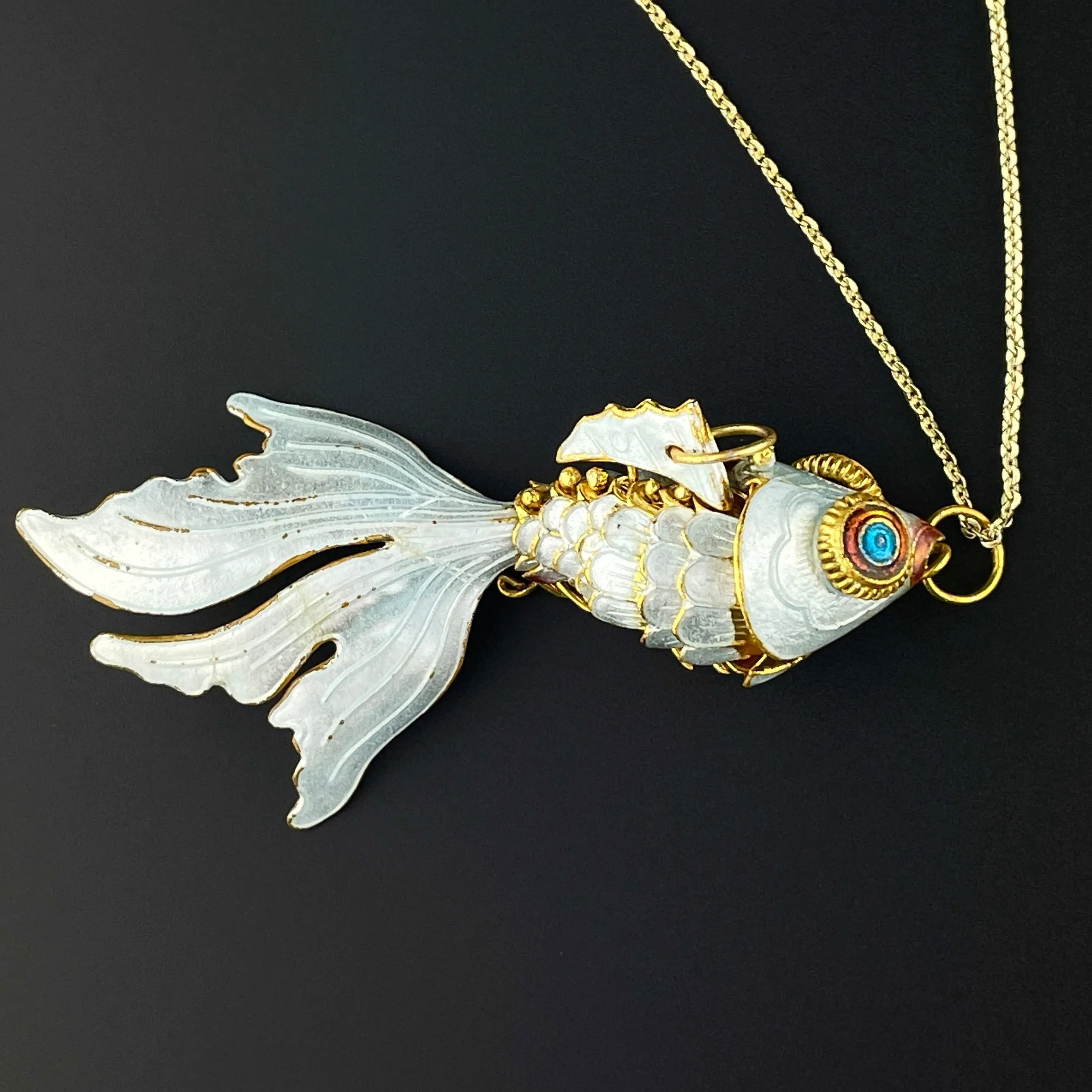 Vintage Gold Vermeil White Enamel Articulated Koi Fish