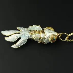 Vintage Gold Vermeil White Enamel Koi Articulated Fish Pendant Necklace