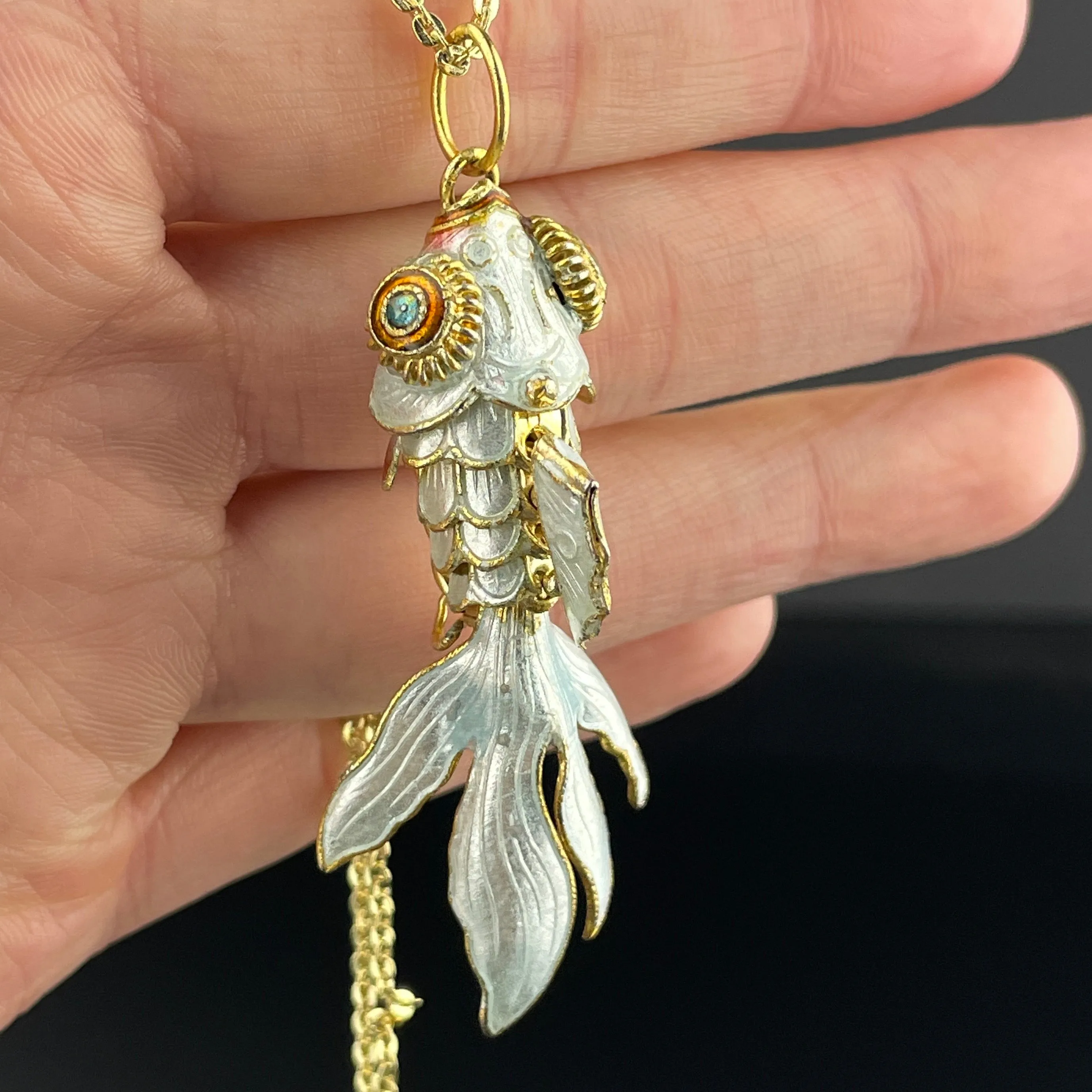 Vintage Gold Vermeil White Enamel Koi Articulated Fish Pendant Necklace