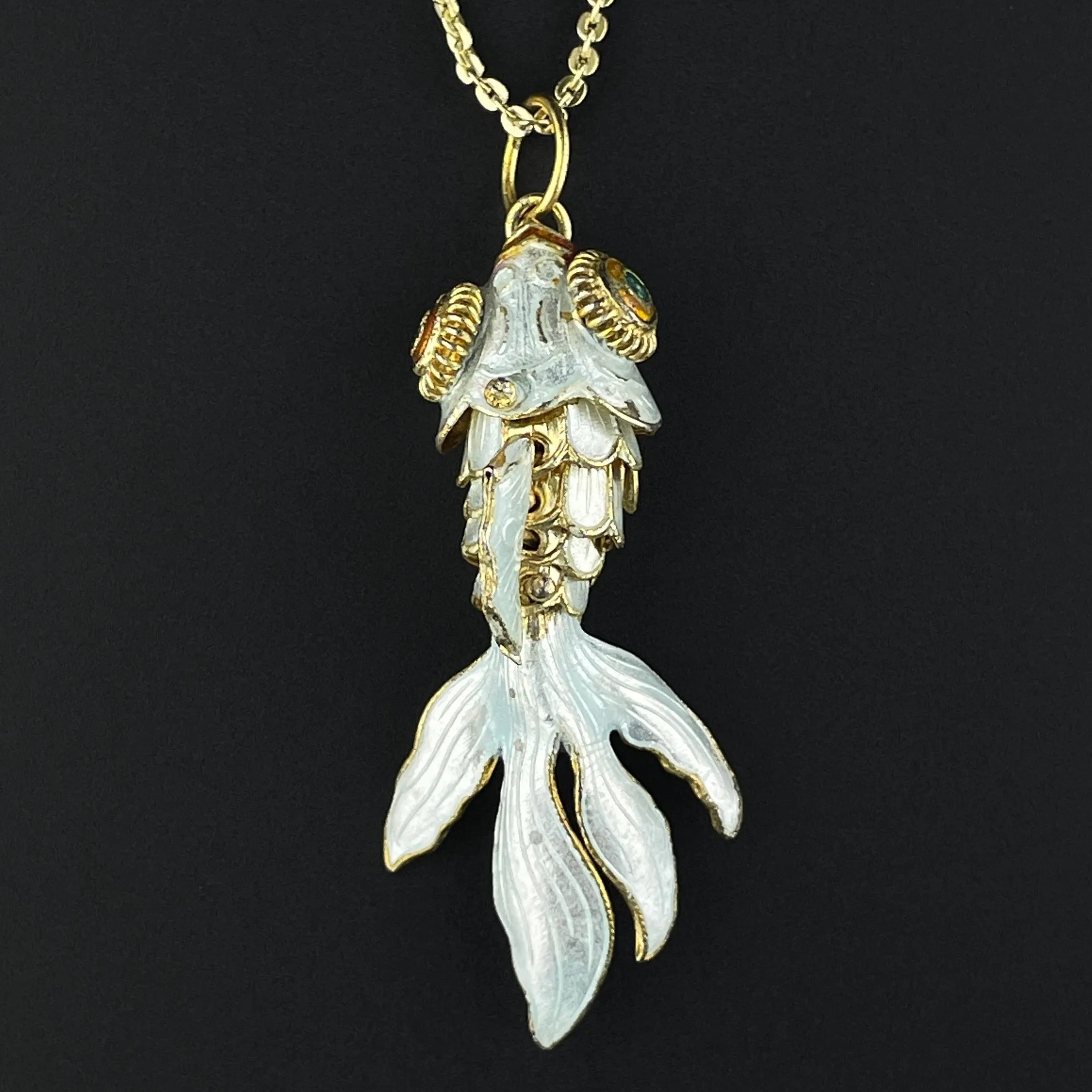 Vintage Gold Vermeil White Enamel Koi Articulated Fish Pendant Necklace