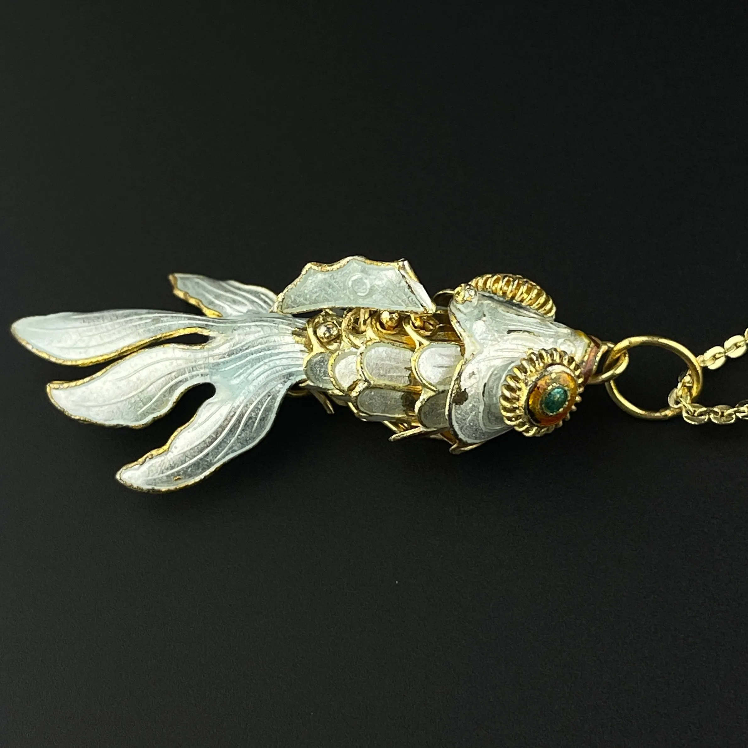 Vintage Gold Vermeil White Enamel Koi Articulated Fish Pendant Necklace