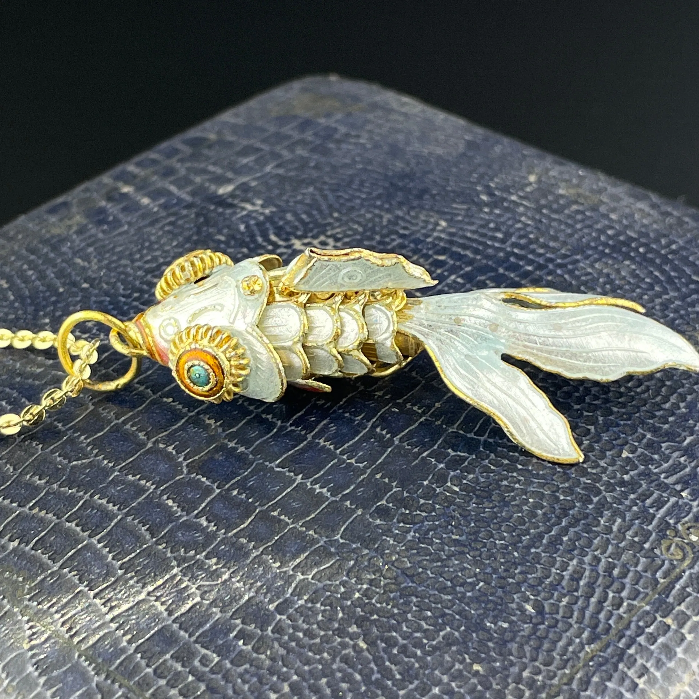 Vintage Gold Vermeil White Enamel Koi Articulated Fish Pendant Necklace
