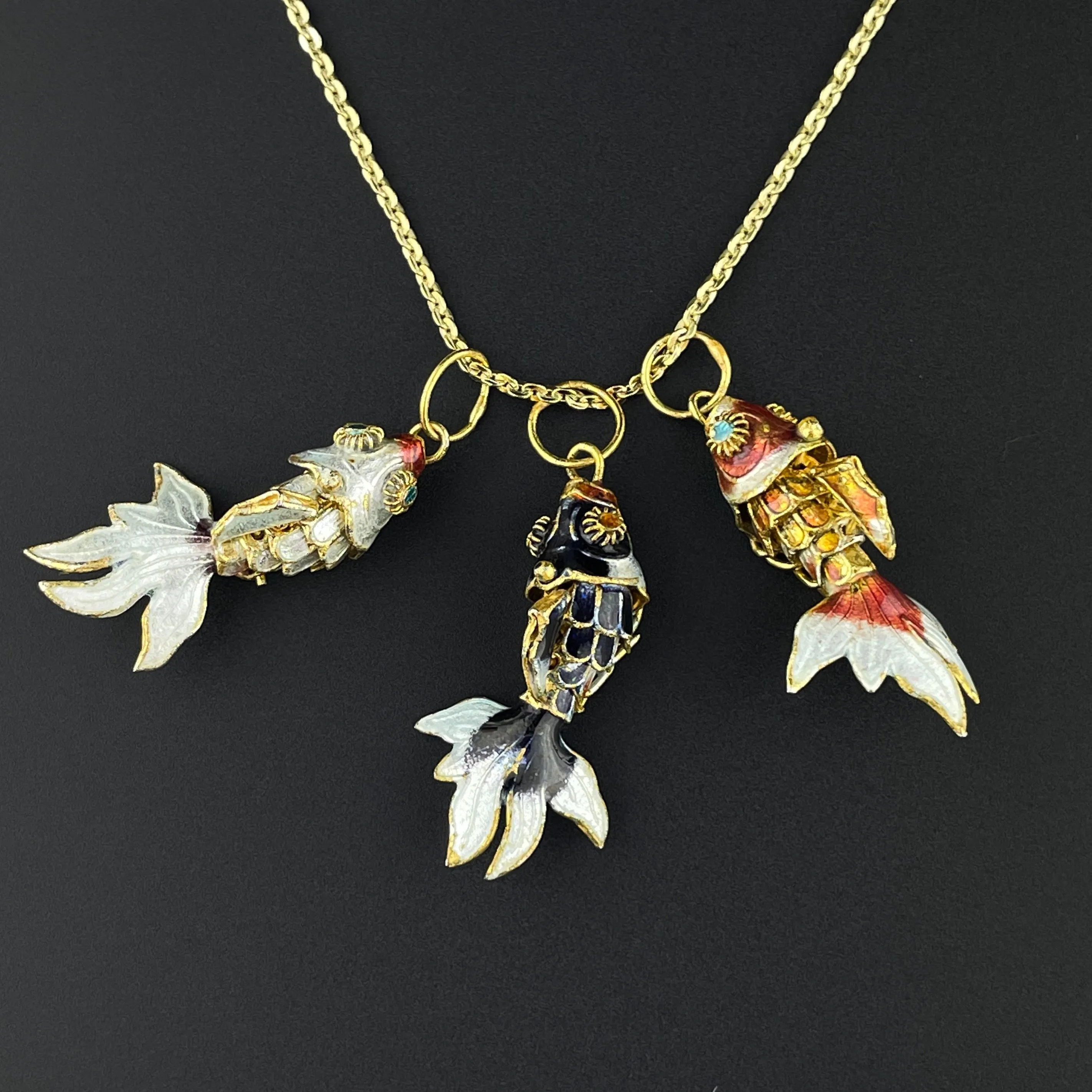 Vintage Orange Enamel Gold Vermeil Articulated Fish Pendant Necklace