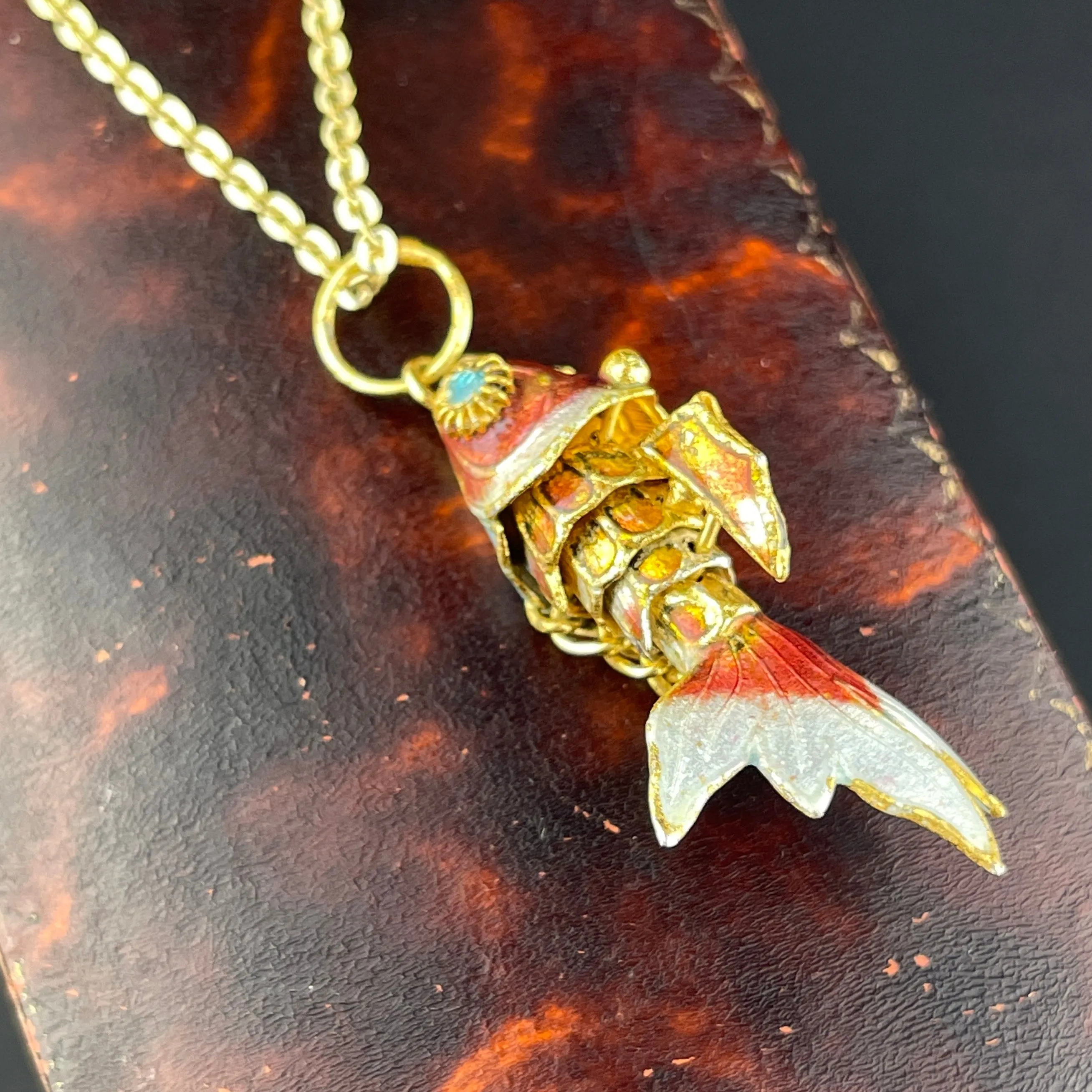 Vintage Orange Enamel Gold Vermeil Articulated Fish Pendant Necklace