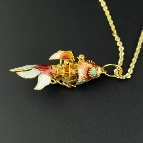 Vintage Orange Enamel Gold Vermeil Articulated Fish Pendant Necklace