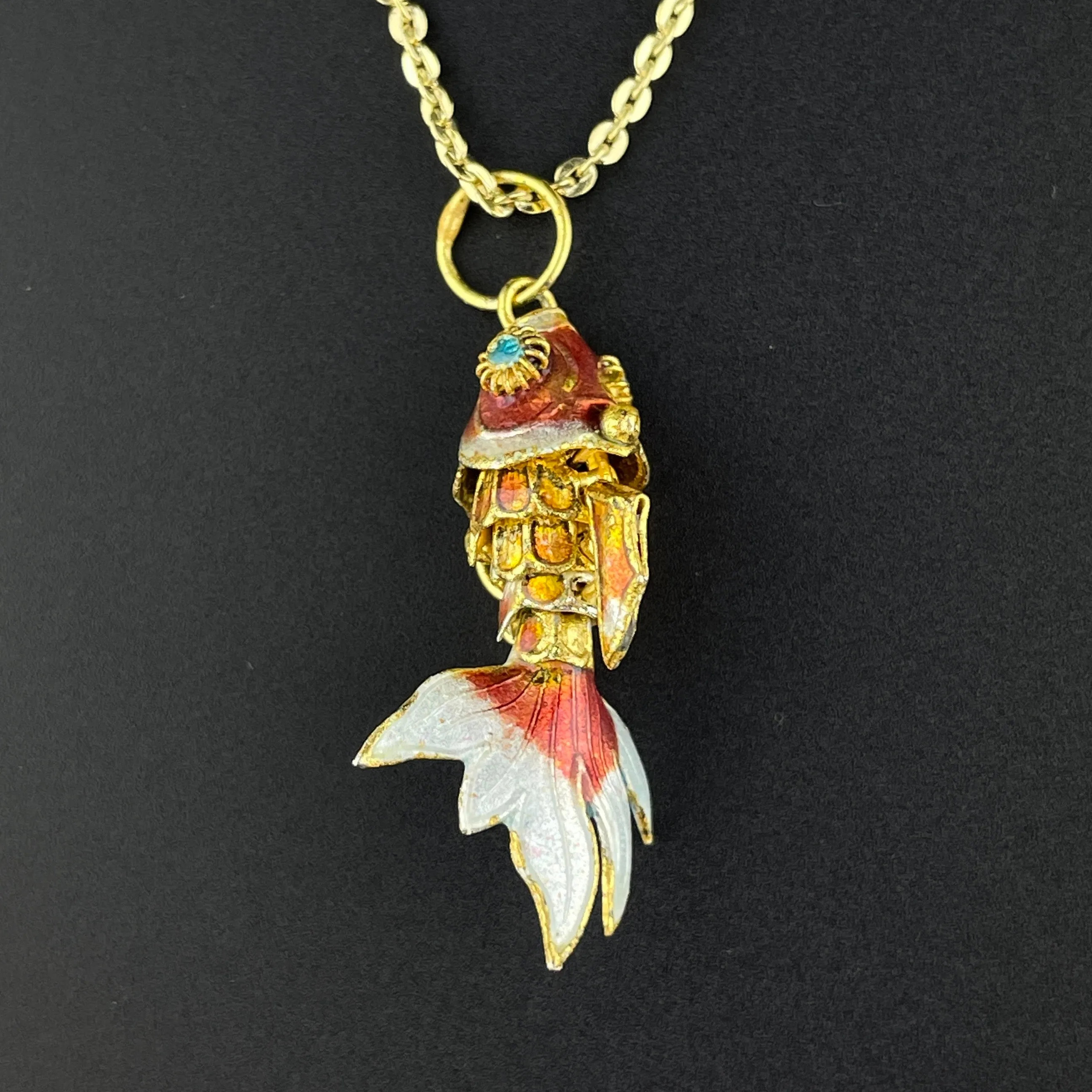 Vintage Orange Enamel Gold Vermeil Articulated Fish Pendant Necklace