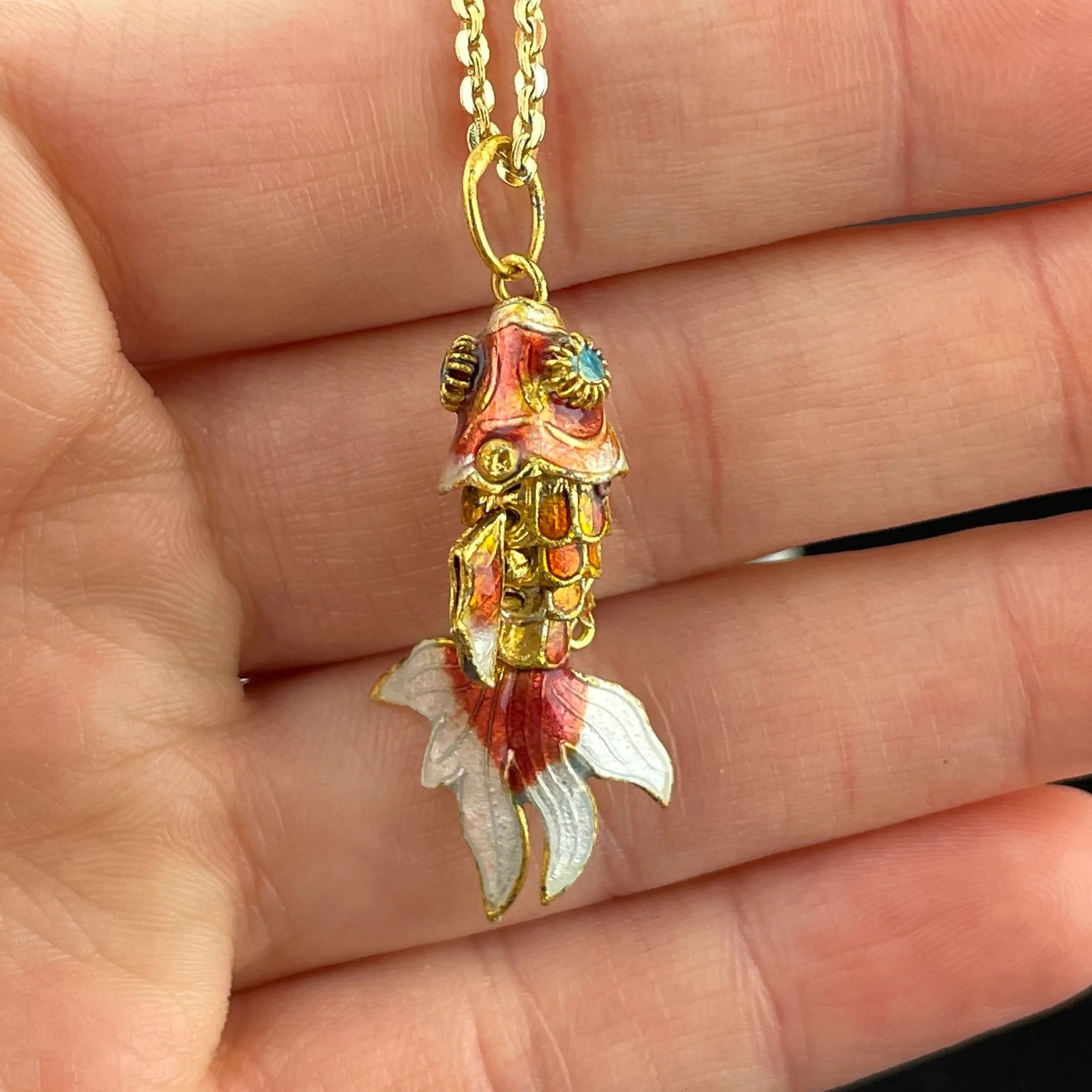 Vintage Orange Enamel Gold Vermeil Articulated Fish Pendant Necklace
