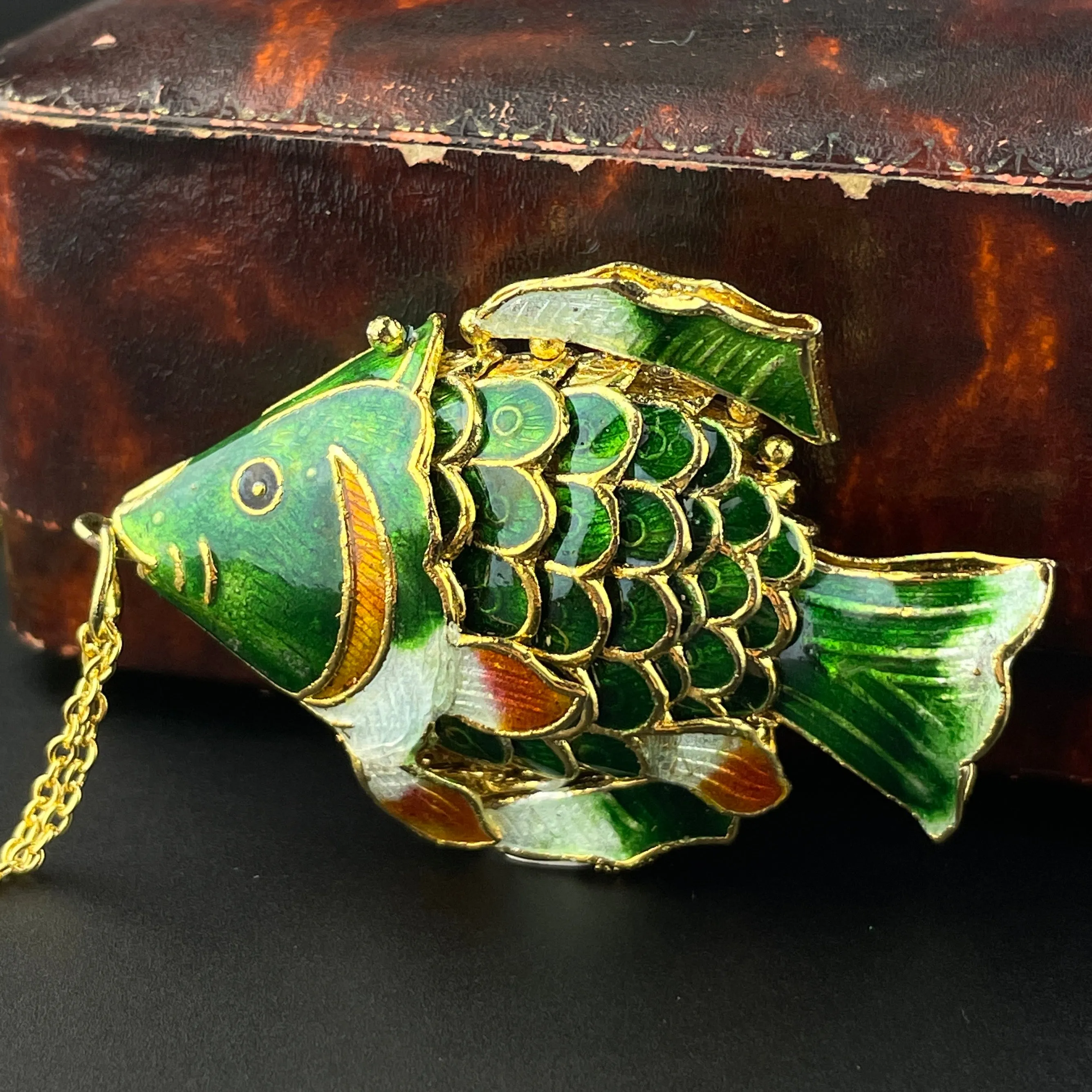 Vintage Sterling Silver Gold Gilt Enamel Sun Fish Pendant Necklace